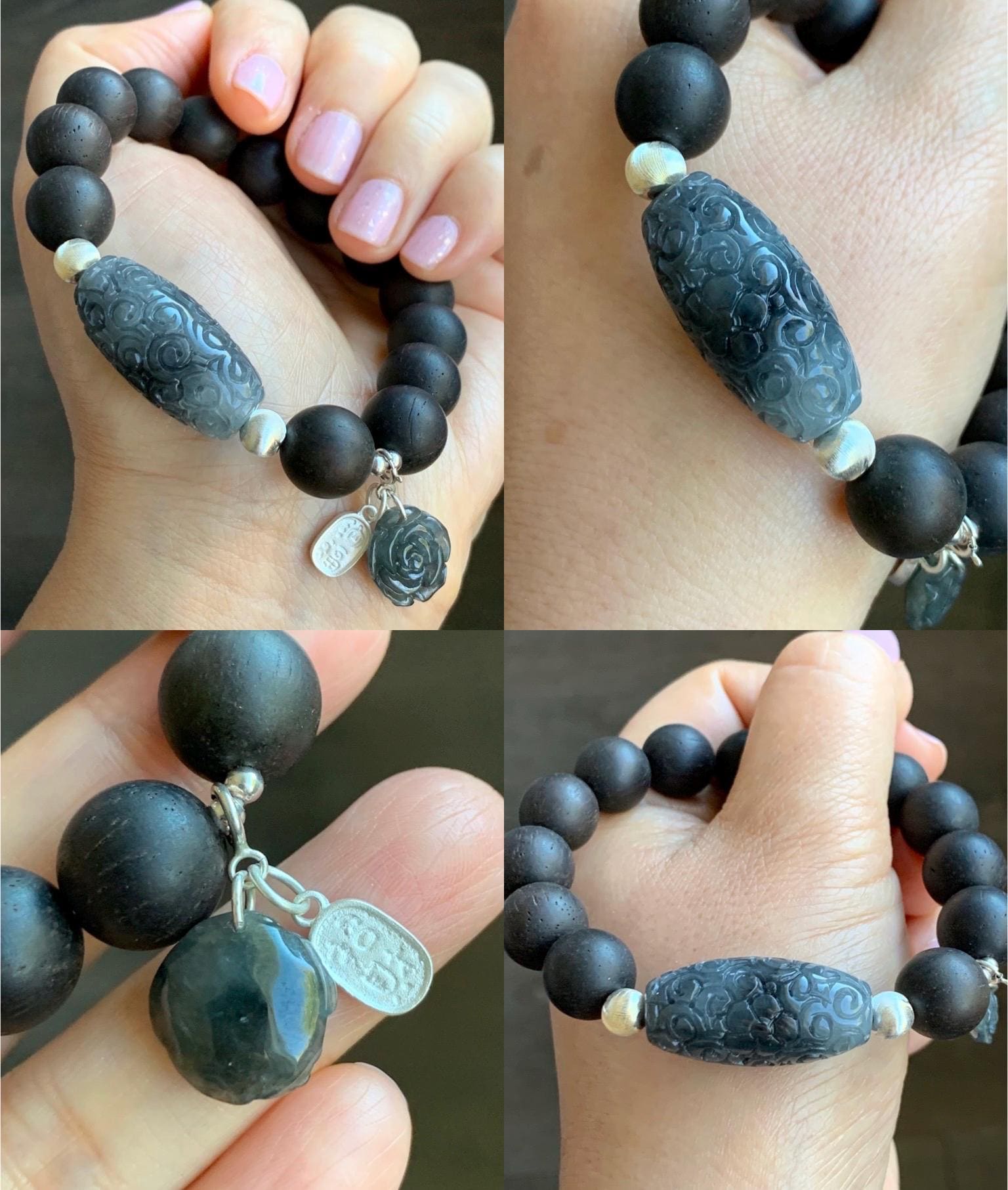 Natural Grade A Icy Translucent Wuji Jadeite Engraved Dzi Bead Rose Charm Wood Beads Beaded Bracelet Sterling Silver 7" 天然冰胶乌鸡翡翠天珠玫瑰花随意扣木珠手串