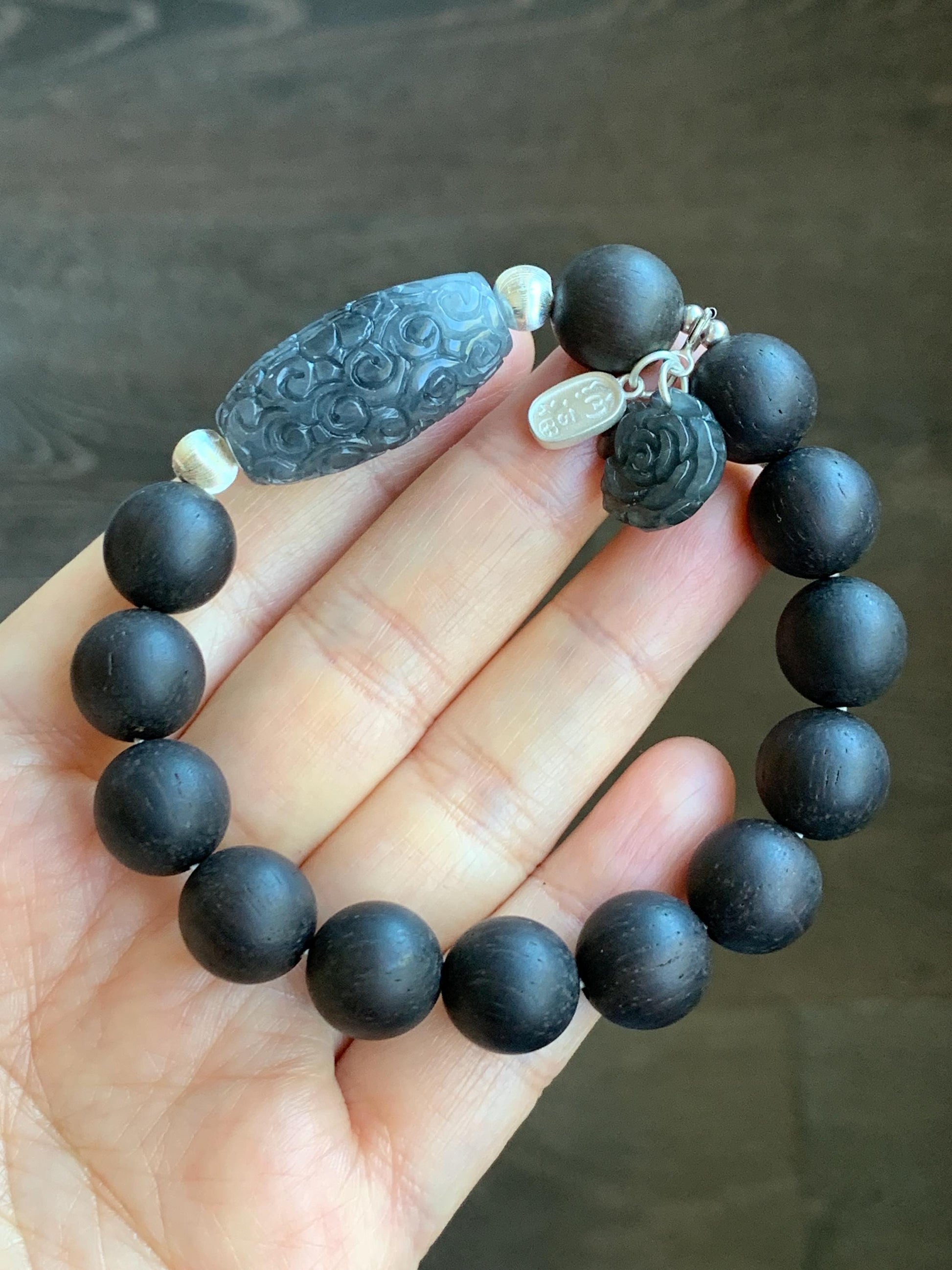 Natural Grade A Icy Translucent Wuji Jadeite Engraved Dzi Bead Rose Charm Wood Beads Beaded Bracelet Sterling Silver 7" 天然冰胶乌鸡翡翠天珠玫瑰花随意扣木珠手串