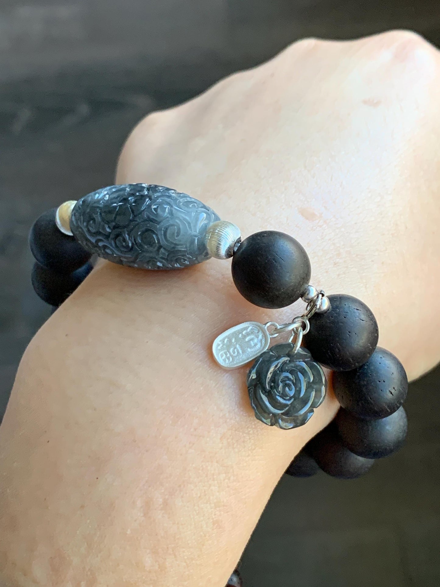 Natural Grade A Icy Translucent Wuji Jadeite Engraved Dzi Bead Rose Charm Wood Beads Beaded Bracelet Sterling Silver 7" 天然冰胶乌鸡翡翠天珠玫瑰花随意扣木珠手串
