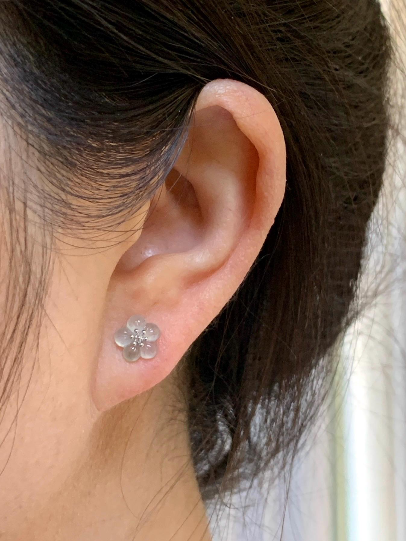 Certified Natural Grade A Icy Highly Translucent Pastel Green Jadeite Cherry Blossom Stud Earrings 18K White Gold 1.2g