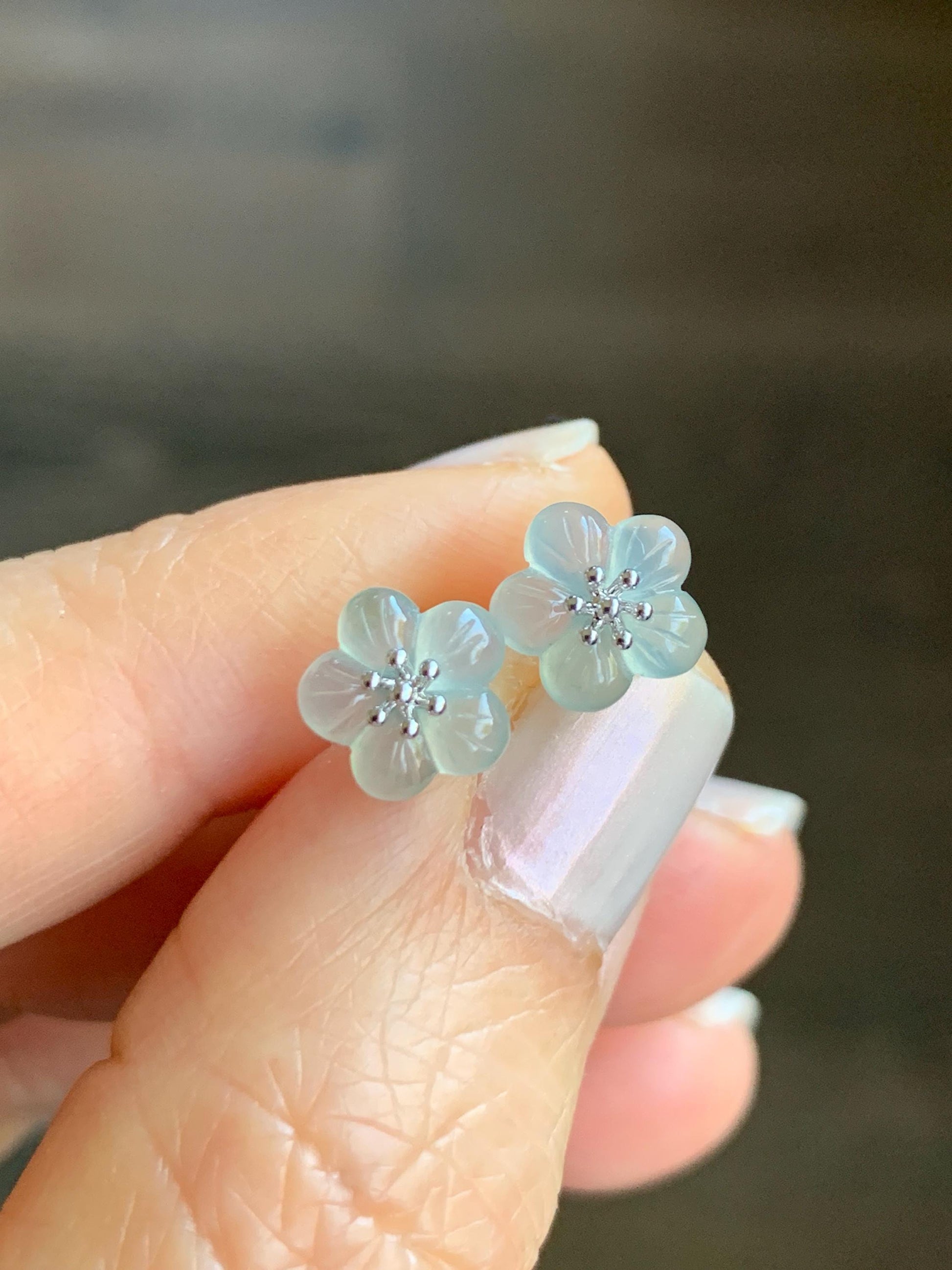 Certified Natural Grade A Icy Highly Translucent Pastel Green Jadeite Cherry Blossom Stud Earrings 18K White Gold 1.2g