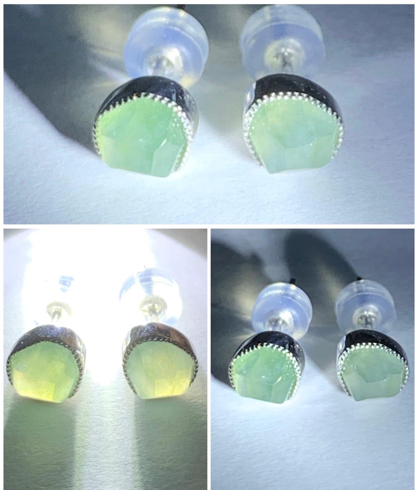 Certified Natural Grade A Icy Highly Translucent Light Green Jadeite Faceted Cabochon Stud Earrings 18K White Gold 天然冰胶晴色起光翡翠切割面镶嵌耳钉 1701