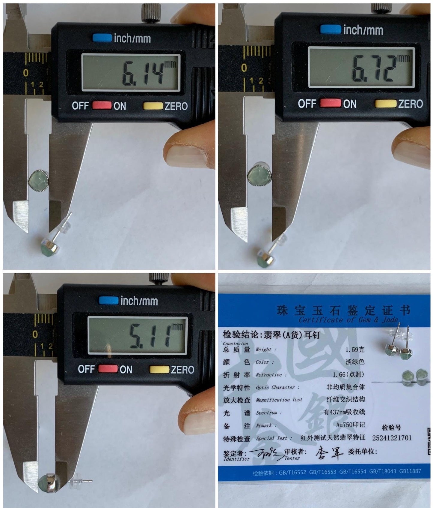 Certified Natural Grade A Icy Highly Translucent Light Green Jadeite Faceted Cabochon Stud Earrings 18K White Gold 天然冰胶晴色起光翡翠切割面镶嵌耳钉 1701