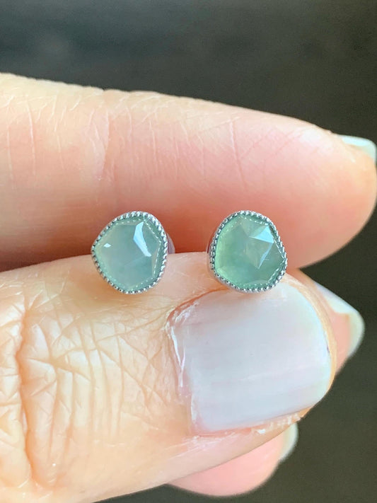 Certified Natural Grade A Icy Highly Translucent Light Green Jadeite Faceted Cabochon Stud Earrings 18K White Gold
