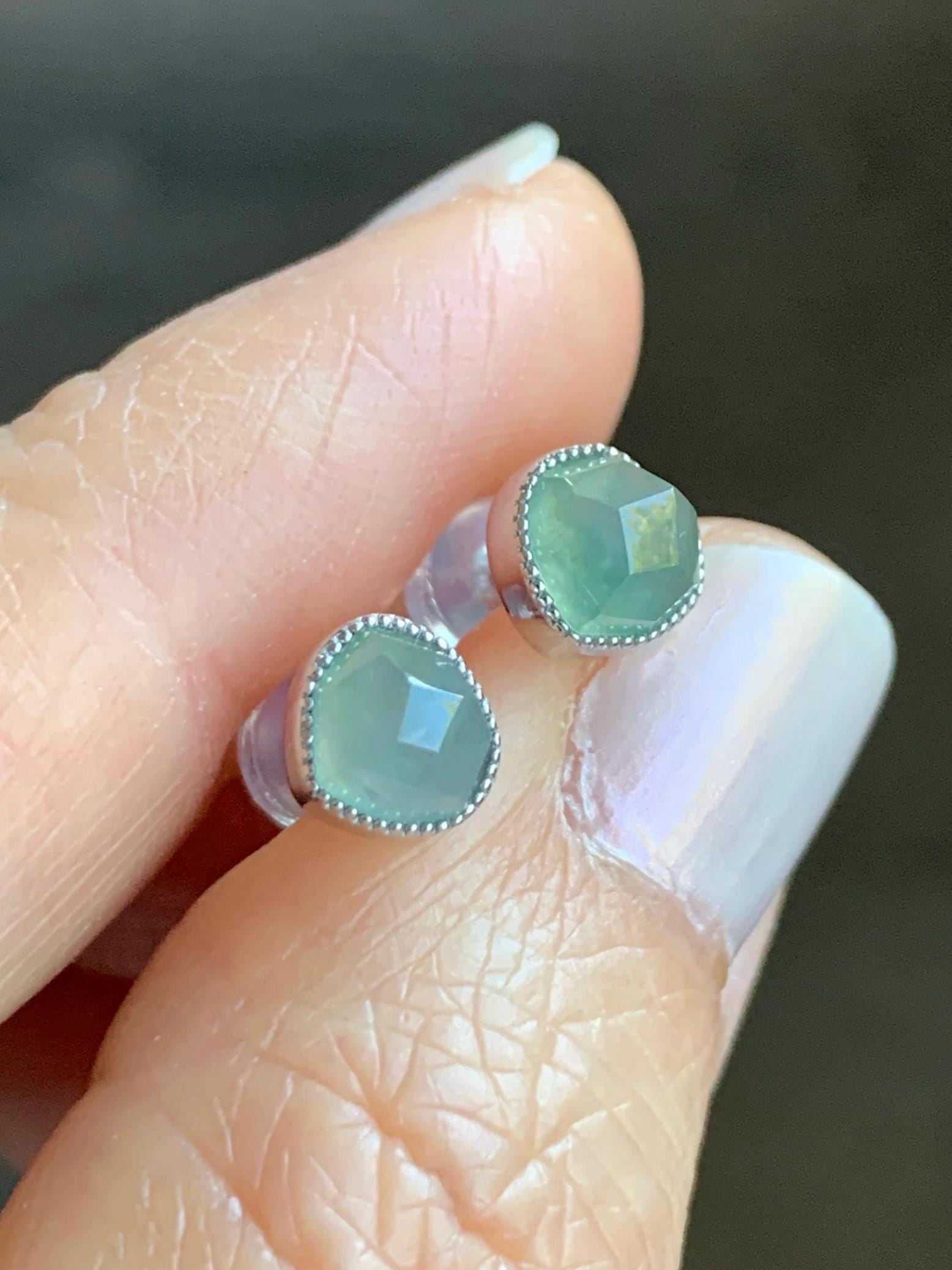 Certified Natural Grade A Icy Highly Translucent Light Green Jadeite Faceted Cabochon Stud Earrings 18K White Gold