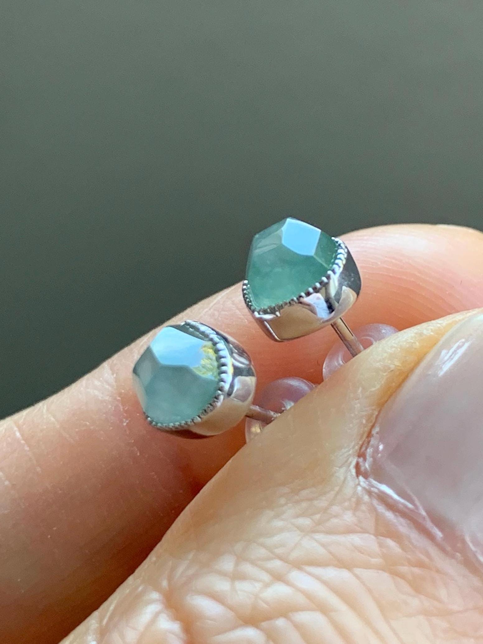 Certified Natural Grade A Icy Highly Translucent Light Green Jadeite Faceted Cabochon Stud Earrings 18K White Gold