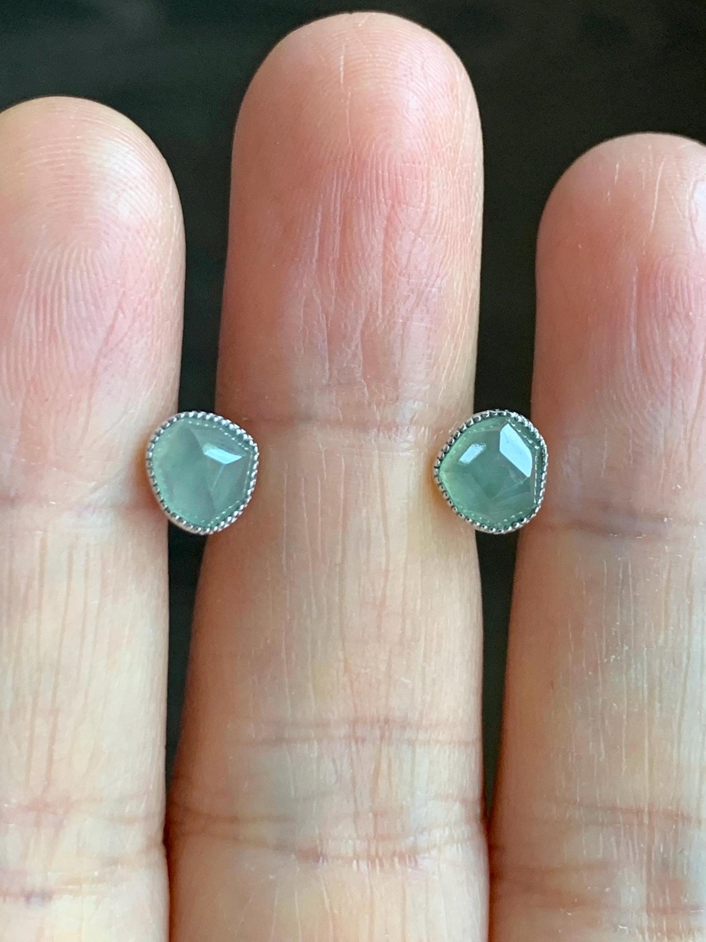 Certified Natural Grade A Icy Highly Translucent Light Green Jadeite Faceted Cabochon Stud Earrings 18K White Gold