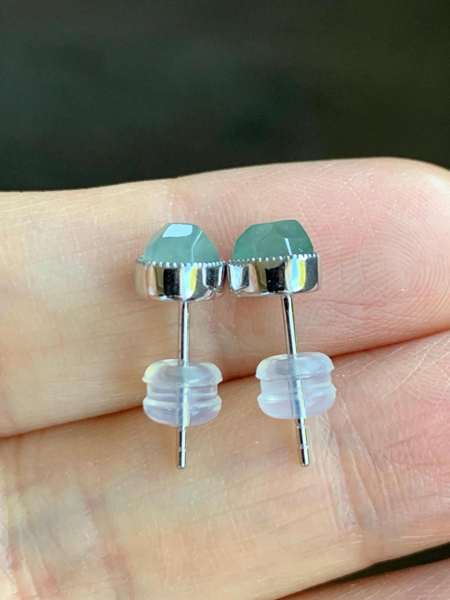 Certified Natural Grade A Icy Highly Translucent Light Green Jadeite Faceted Cabochon Stud Earrings 18K White Gold 天然冰胶晴色起光翡翠切割面镶嵌耳钉 1701