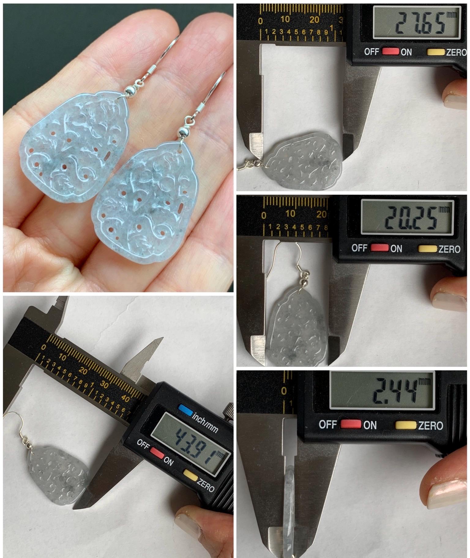 Natural Grade A Icy Translucent Light Wuji Jadeite Openwork Engraved Dangle Earrings Sterling Silver 天然冰胶乌鸡翡翠仿古镂空雕银耳钩 A