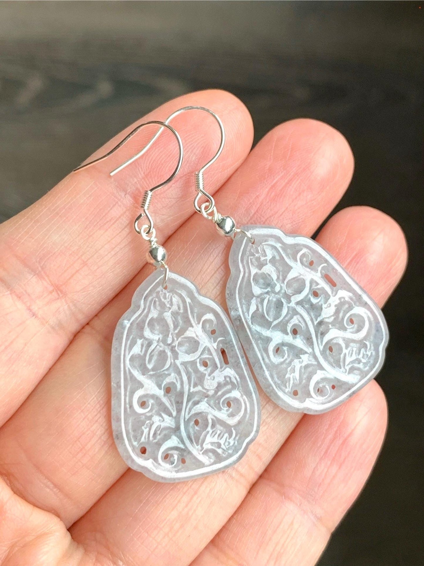 Natural Grade A Icy Translucent Light Wuji Jadeite Openwork Engraved Dangle Earrings Sterling Silver