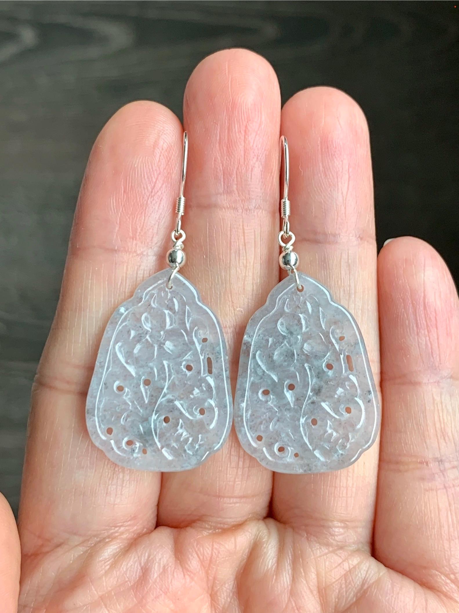 Natural Grade A Icy Translucent Light Wuji Jadeite Openwork Engraved Dangle Earrings Sterling Silver