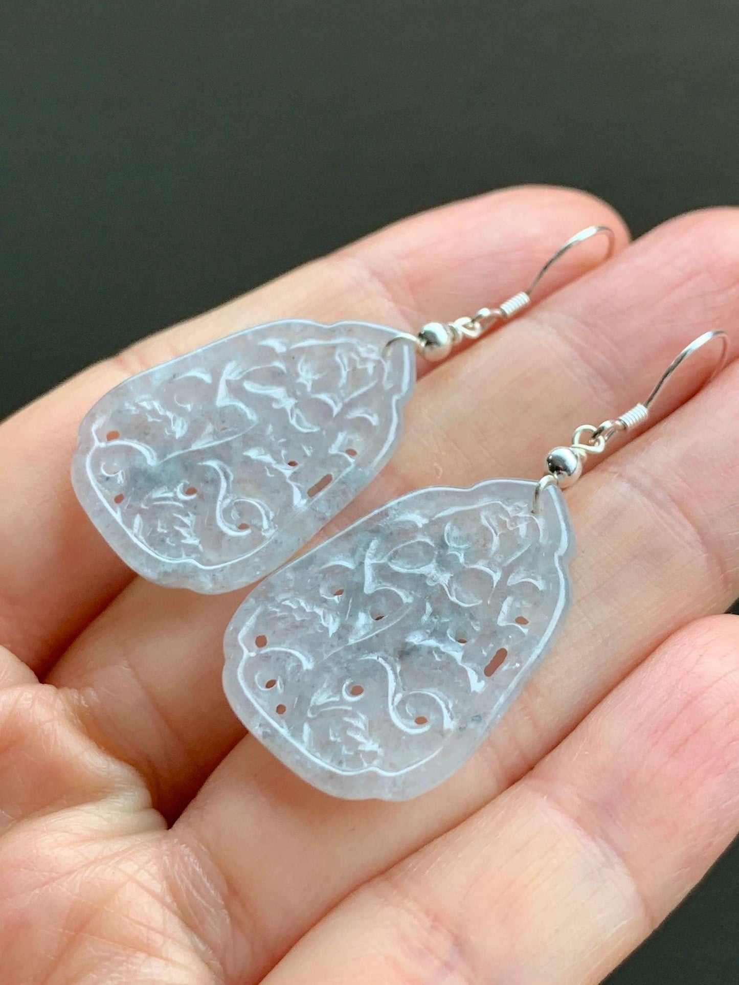 Natural Grade A Icy Translucent Light Wuji Jadeite Openwork Engraved Dangle Earrings Sterling Silver 天然冰胶乌鸡翡翠仿古镂空雕银耳钩 A