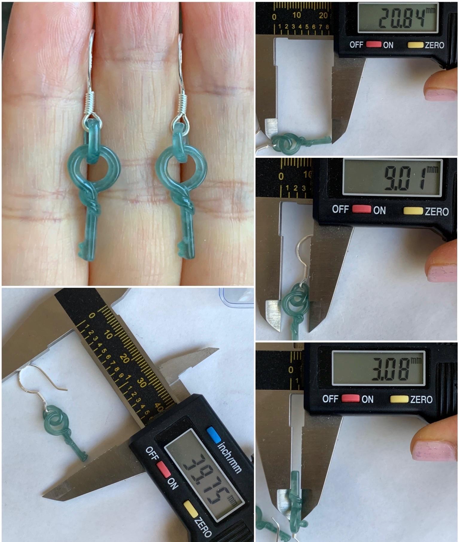 Natural Guatemalan Icy Highly Translucent Dusty Teal Blue Jadeite Keys w/ Interlocking Rings Dangle Earrings Sterling Silver 天然冰危蓝翡翠钥匙环环相扣耳钩