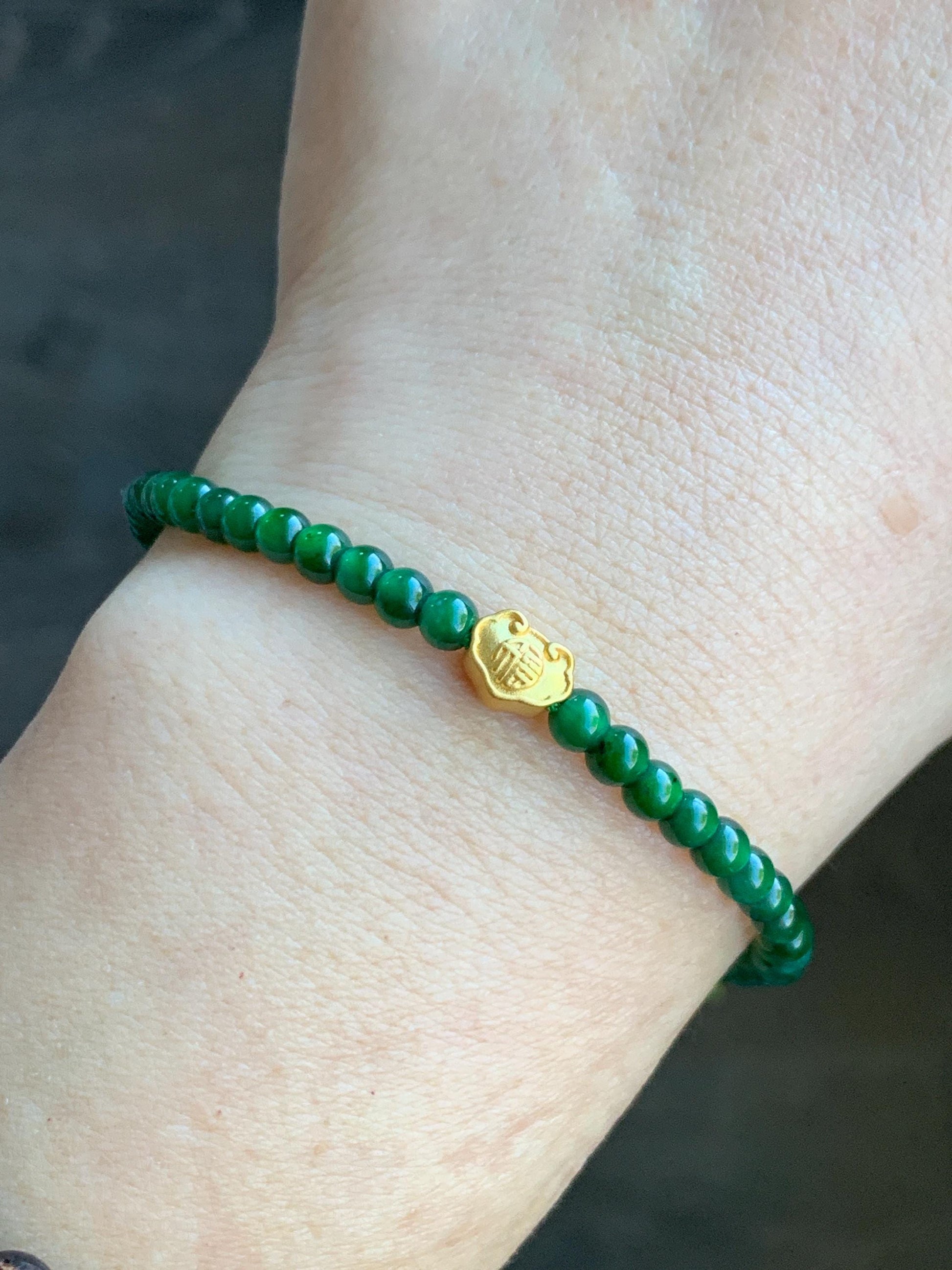 Natural Grade A Guatemalan Icy Green Jadeite Petite Beads 24K Gold Ruyi Bead Beaded Bracelet 3.8mm 7” 5g 天然冰危绿翡翠小珠足金如意3D珠手串