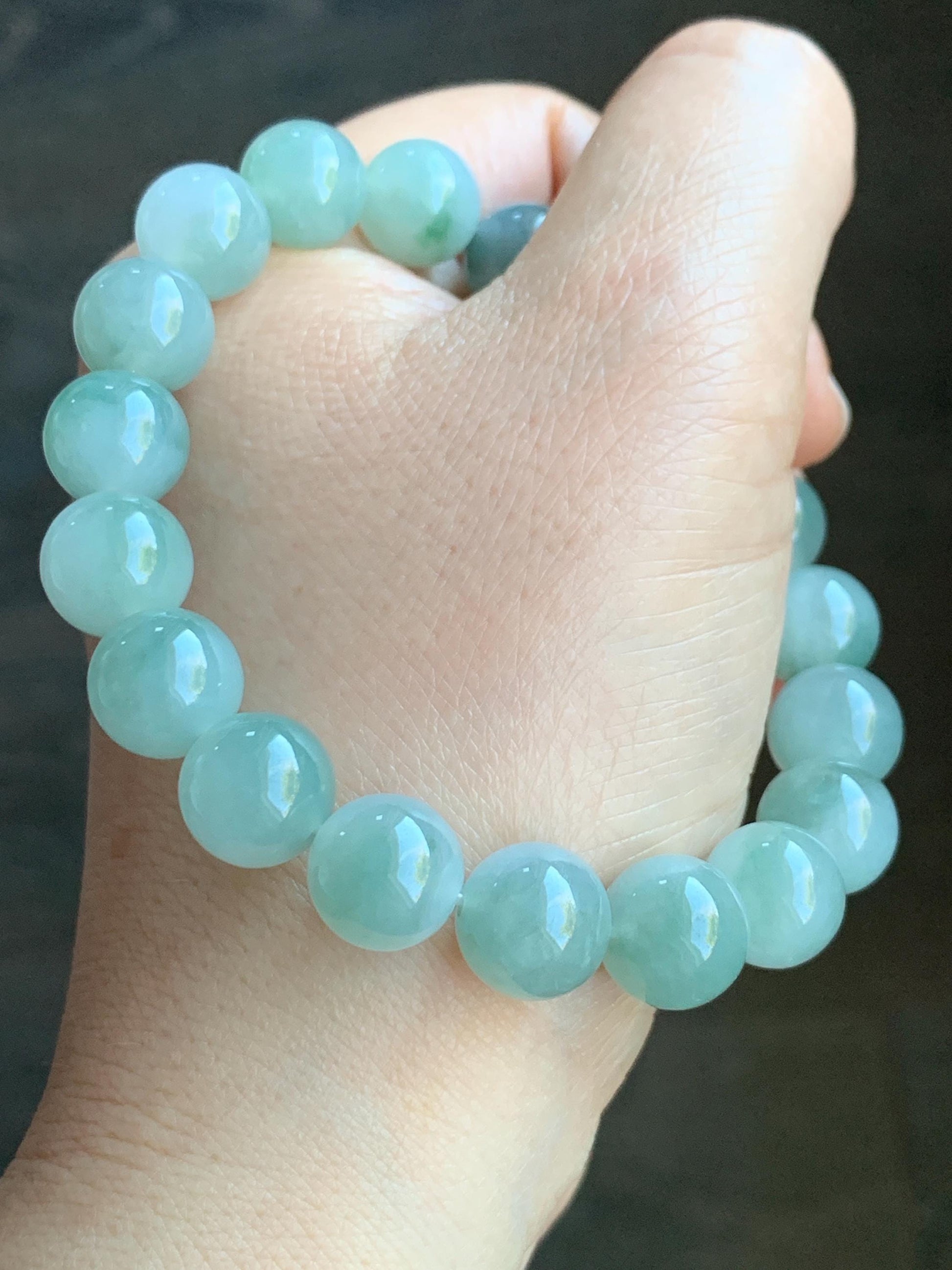 Certified Natural Grade A Icy Translucent Gelatinous Bicolored Jadeite Large Beads Beaded Bracelet 11mm 7.75” 41.7g 天然冰胶白加青鸳鸯翡翠大卡手串 1701