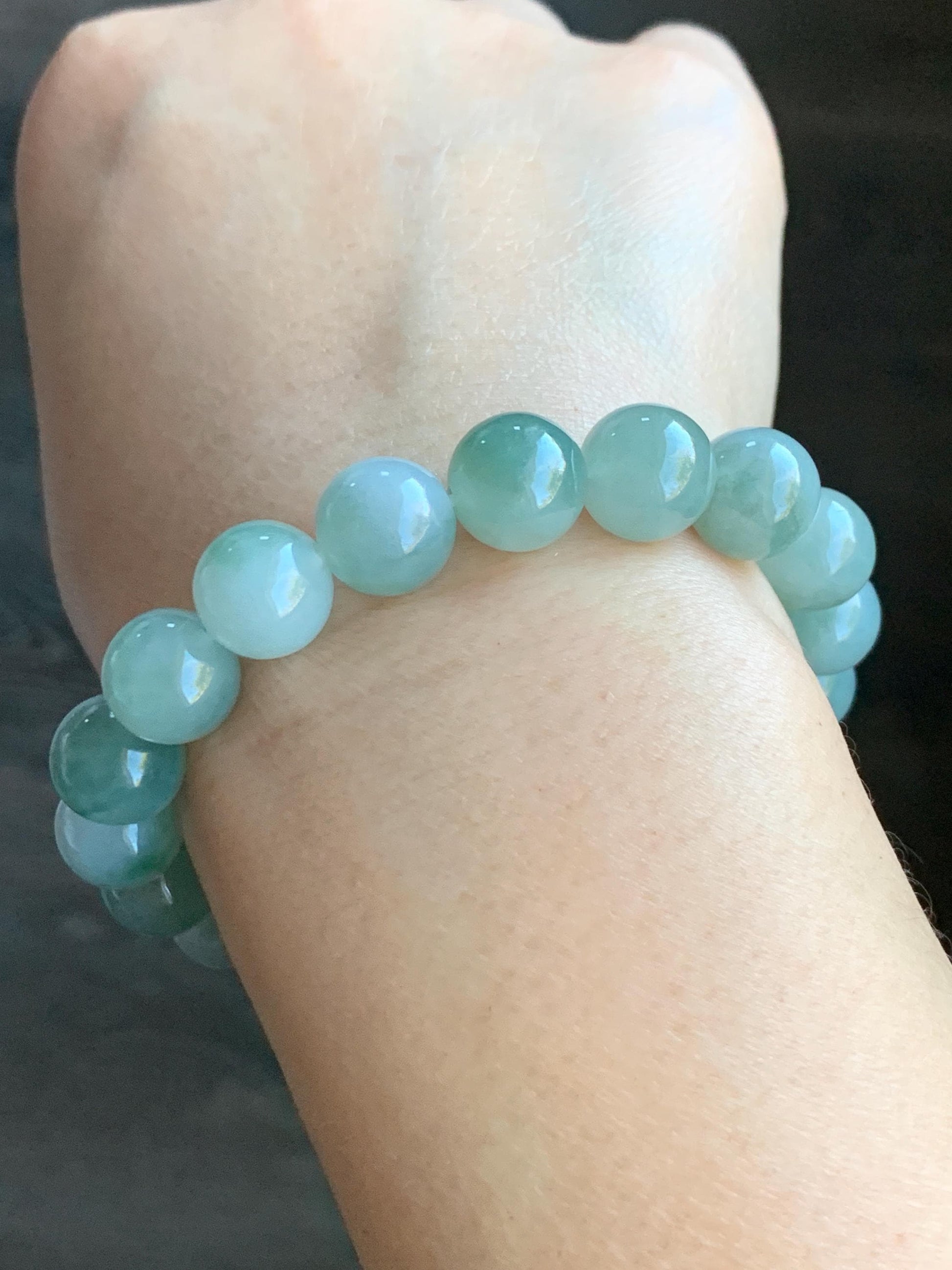 Certified Natural Grade A Icy Translucent Gelatinous Bicolored Jadeite Large Beads Beaded Bracelet 11mm 7.75” 41.7g 天然冰胶白加青鸳鸯翡翠大卡手串 1701