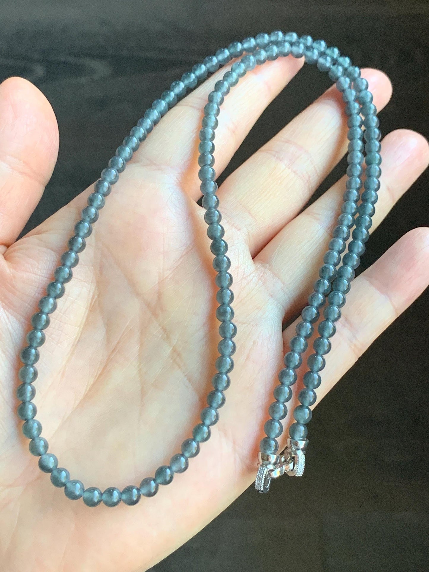 Certified Natural Guatemalan Grade A Icy Highly Translucent Wuji Jadeite Petite Beads Beaded Necklace 4mm 22.75” 18.3g 天然冰胶危起光乌鸡翡翠小珠项链 7855