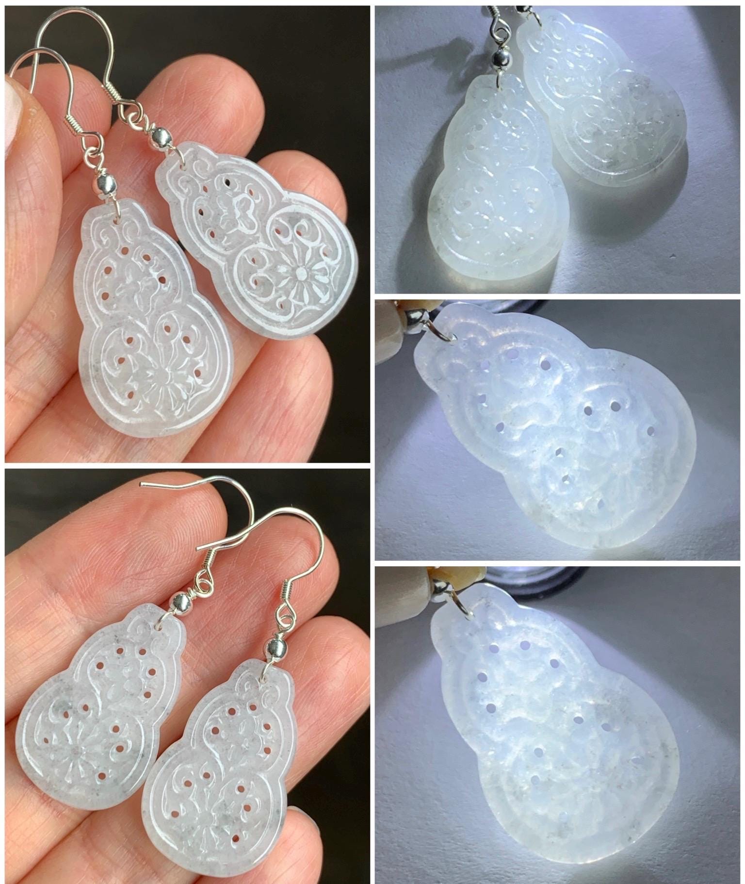 Natural Grade A Icy Translucent White Wuji Hulu Gourd Jadeite Openwork Engraved Dangle Earrings Sterling Silver 天然白冰胶乌鸡翡翠仿古镂空雕葫芦银耳钩 C