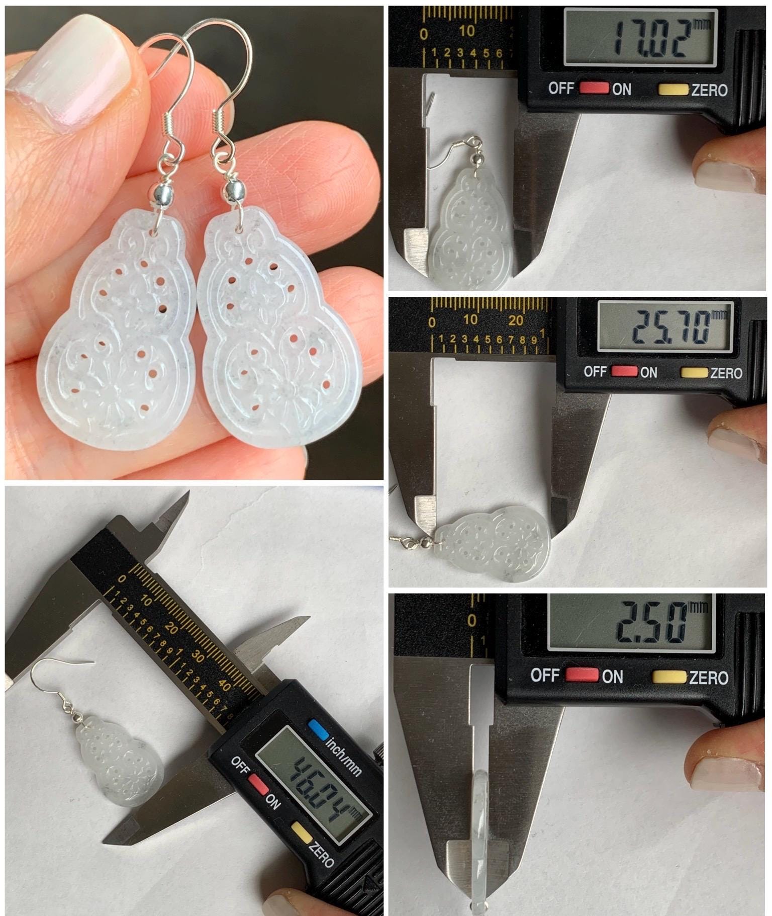 Natural Grade A Icy Translucent White Wuji Hulu Gourd Jadeite Openwork Engraved Dangle Earrings Sterling Silver 天然白冰胶乌鸡翡翠仿古镂空雕葫芦银耳钩 C