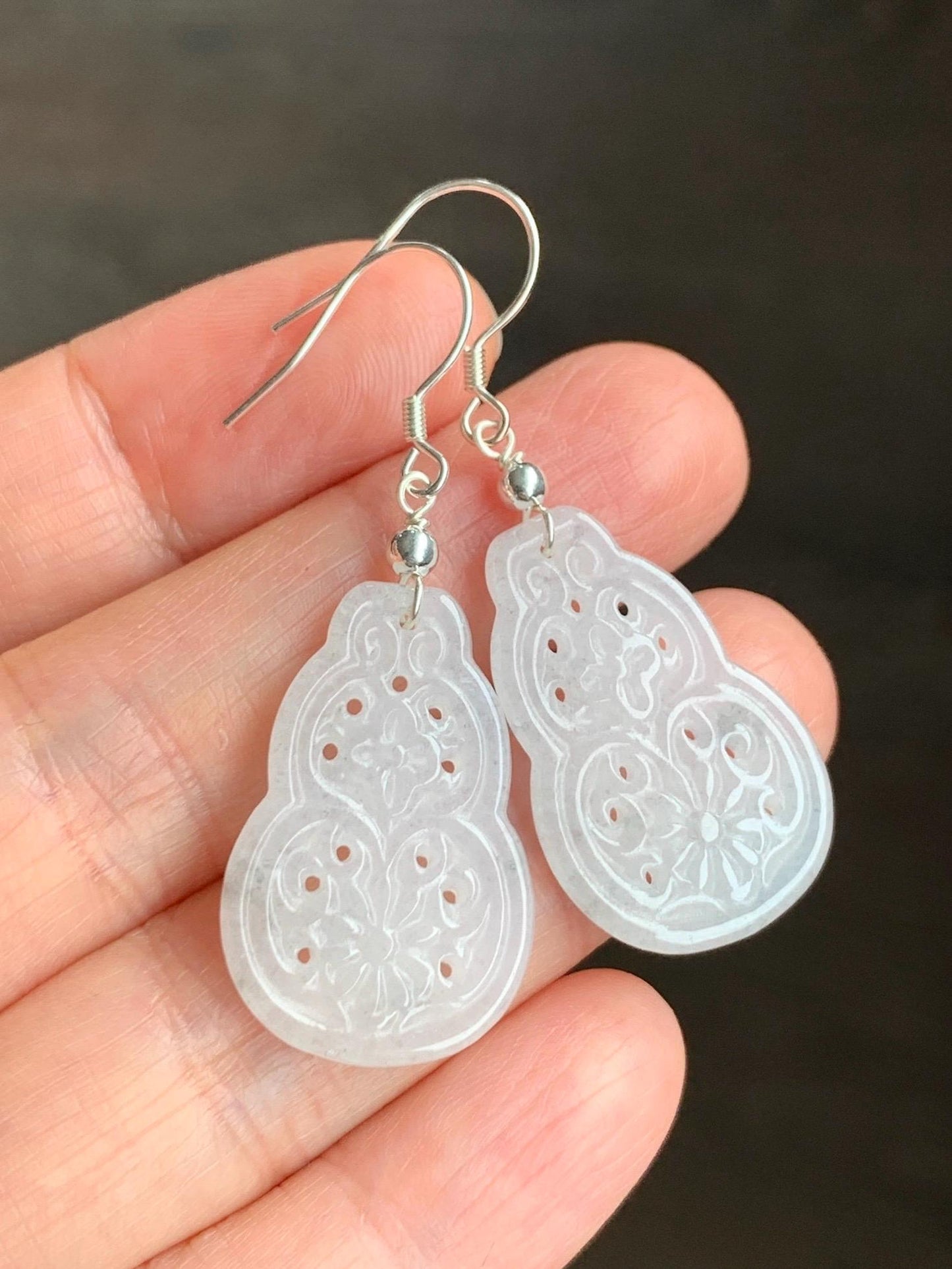 Natural Grade A Icy Translucent White Wuji Hulu Gourd Jadeite Openwork Engraved Dangle Earrings Sterling Silver 天然白冰胶乌鸡翡翠仿古镂空雕葫芦银耳钩 C