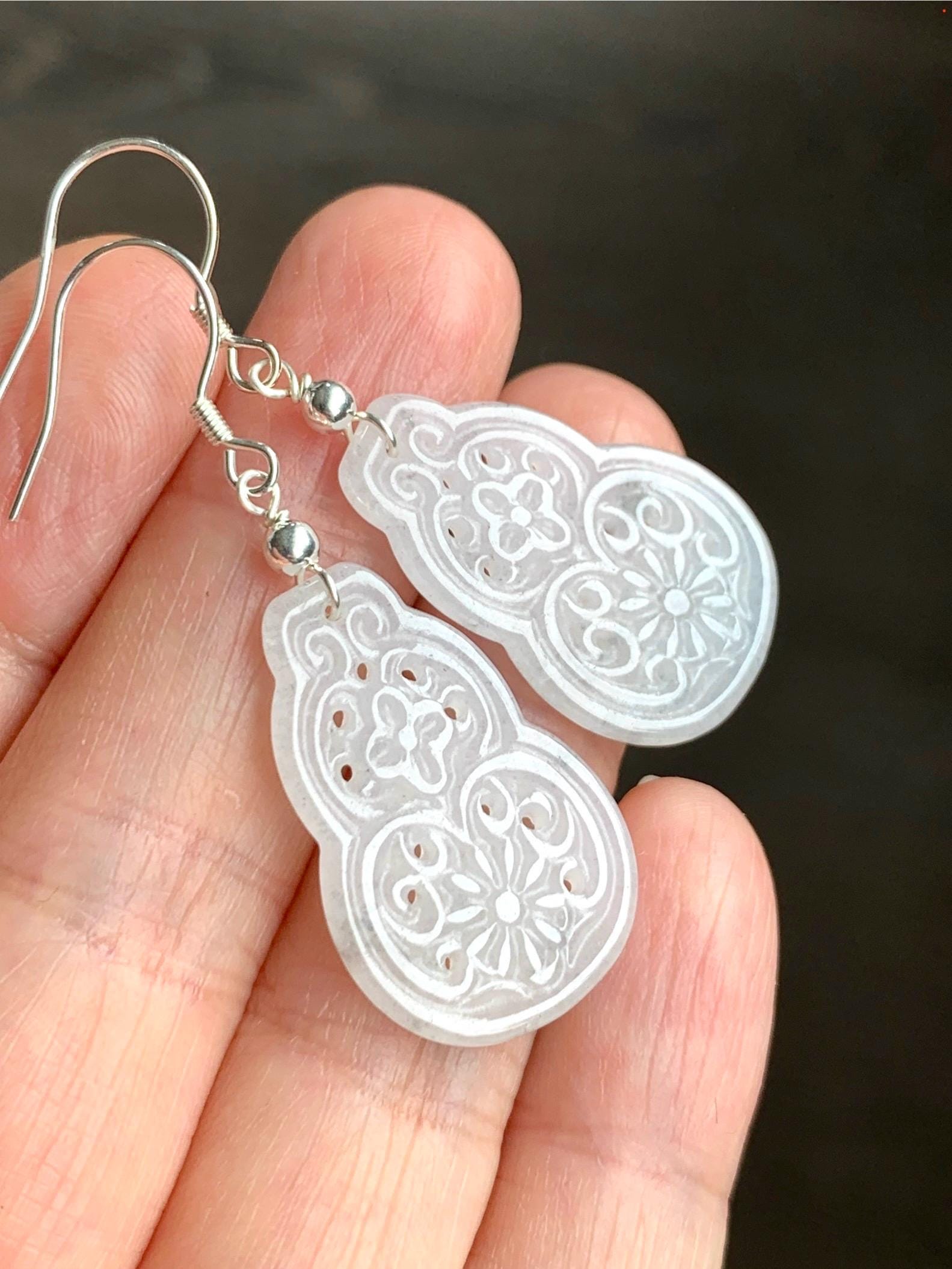 Natural Grade A Icy Translucent White Wuji Hulu Gourd Jadeite Openwork Engraved Dangle Earrings Sterling Silver 天然白冰胶乌鸡翡翠仿古镂空雕葫芦银耳钩 C