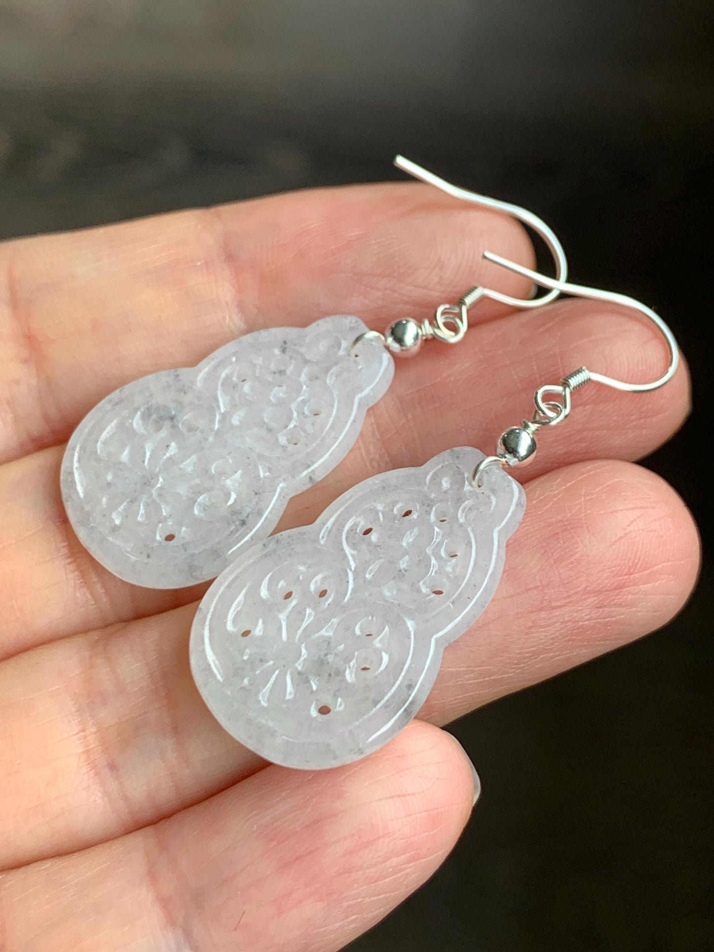 Natural Grade A Icy Translucent White Wuji Hulu Gourd Jadeite Openwork Engraved Dangle Earrings Sterling Silver 天然白冰胶乌鸡翡翠仿古镂空雕葫芦银耳钩 C
