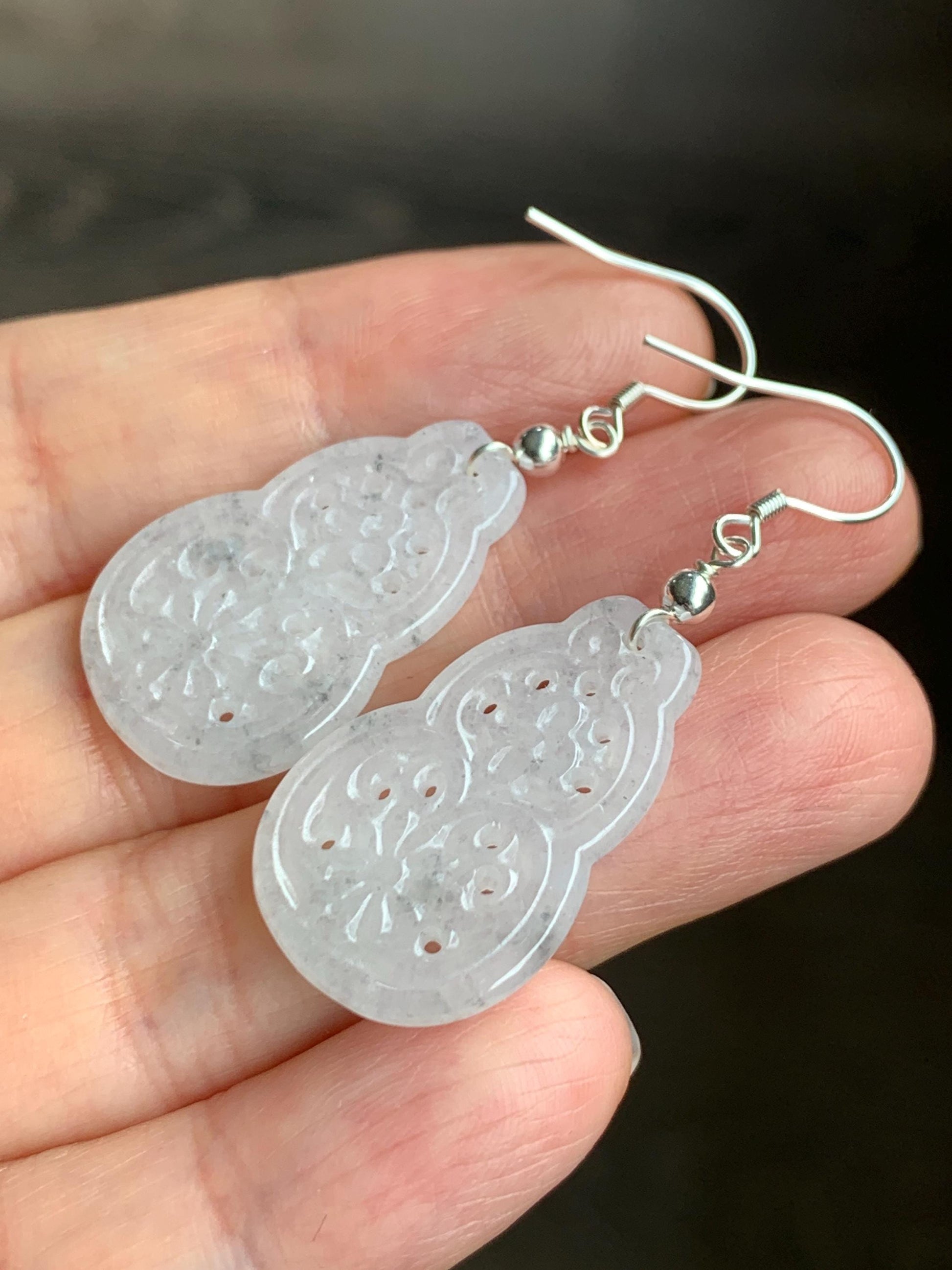Natural Grade A Icy Translucent White Wuji Hulu Gourd Jadeite Openwork Engraved Dangle Earrings Sterling Silver 天然白冰胶乌鸡翡翠仿古镂空雕葫芦银耳钩 C