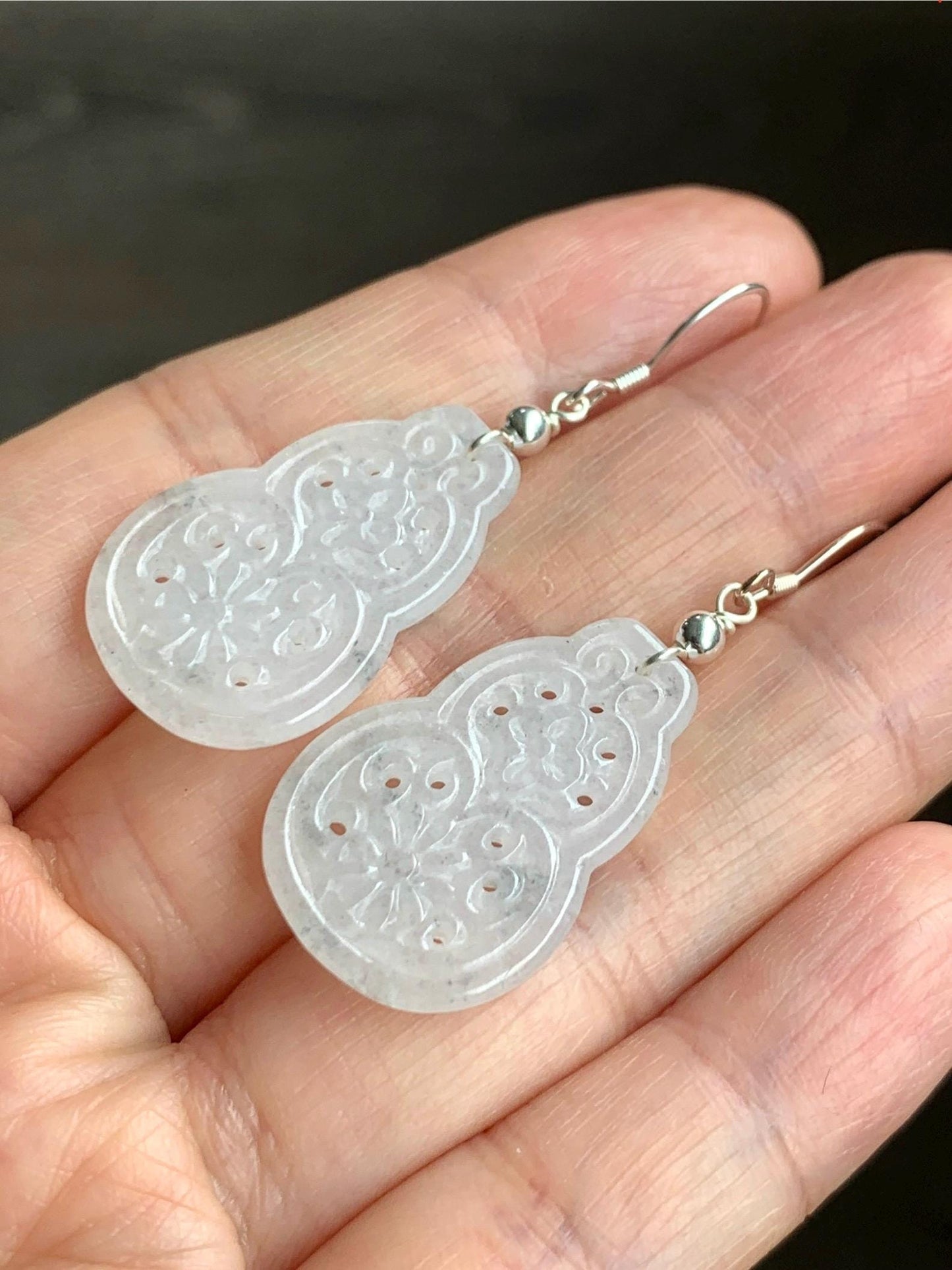 Natural Grade A Icy Translucent White Wuji Hulu Gourd Jadeite Openwork Engraved Dangle Earrings Sterling Silver 天然白冰胶乌鸡翡翠仿古镂空雕葫芦银耳钩 C