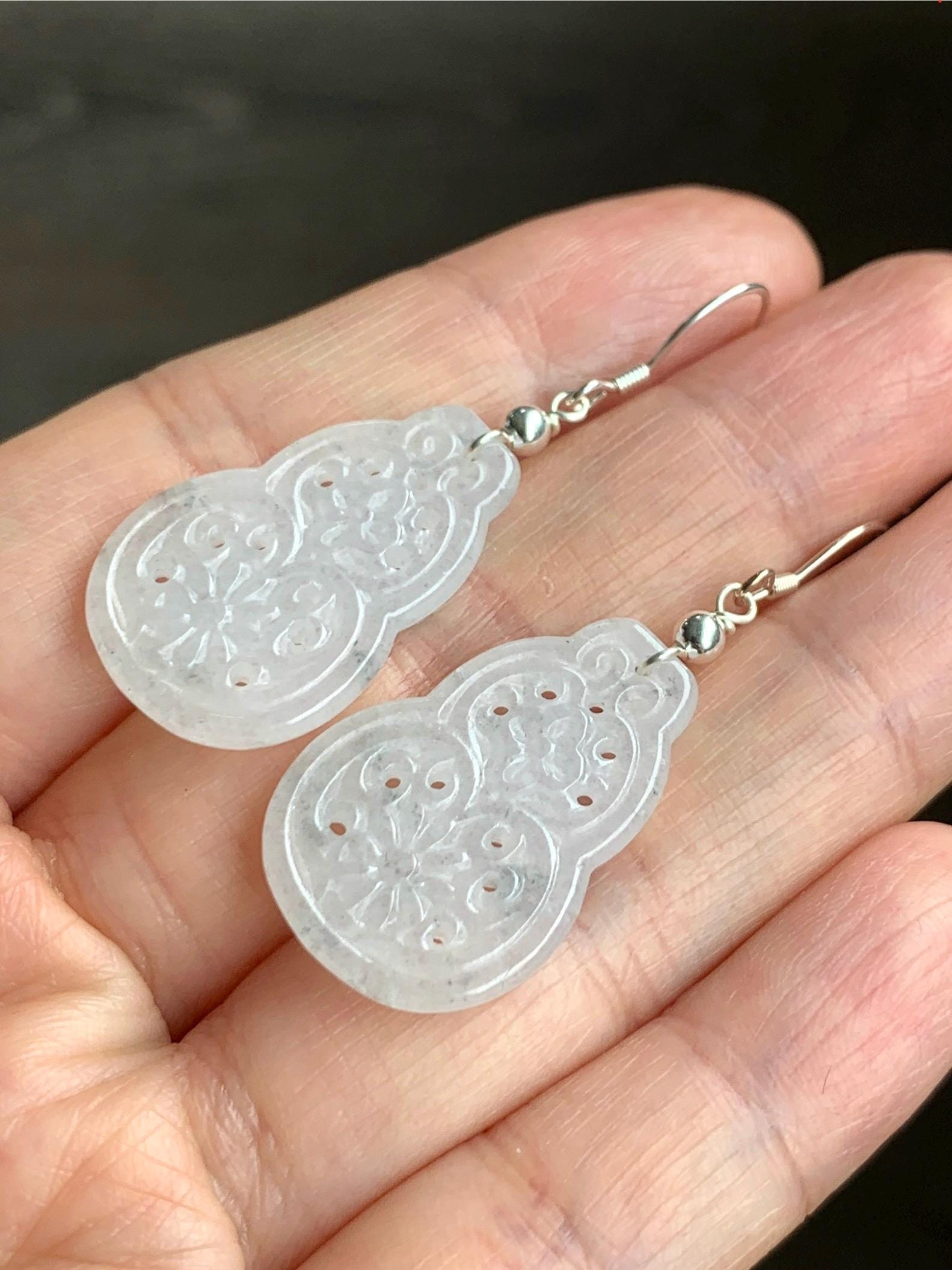 Natural Grade A Icy Translucent White Wuji Hulu Gourd Jadeite Openwork Engraved Dangle Earrings Sterling Silver 天然白冰胶乌鸡翡翠仿古镂空雕葫芦银耳钩 C