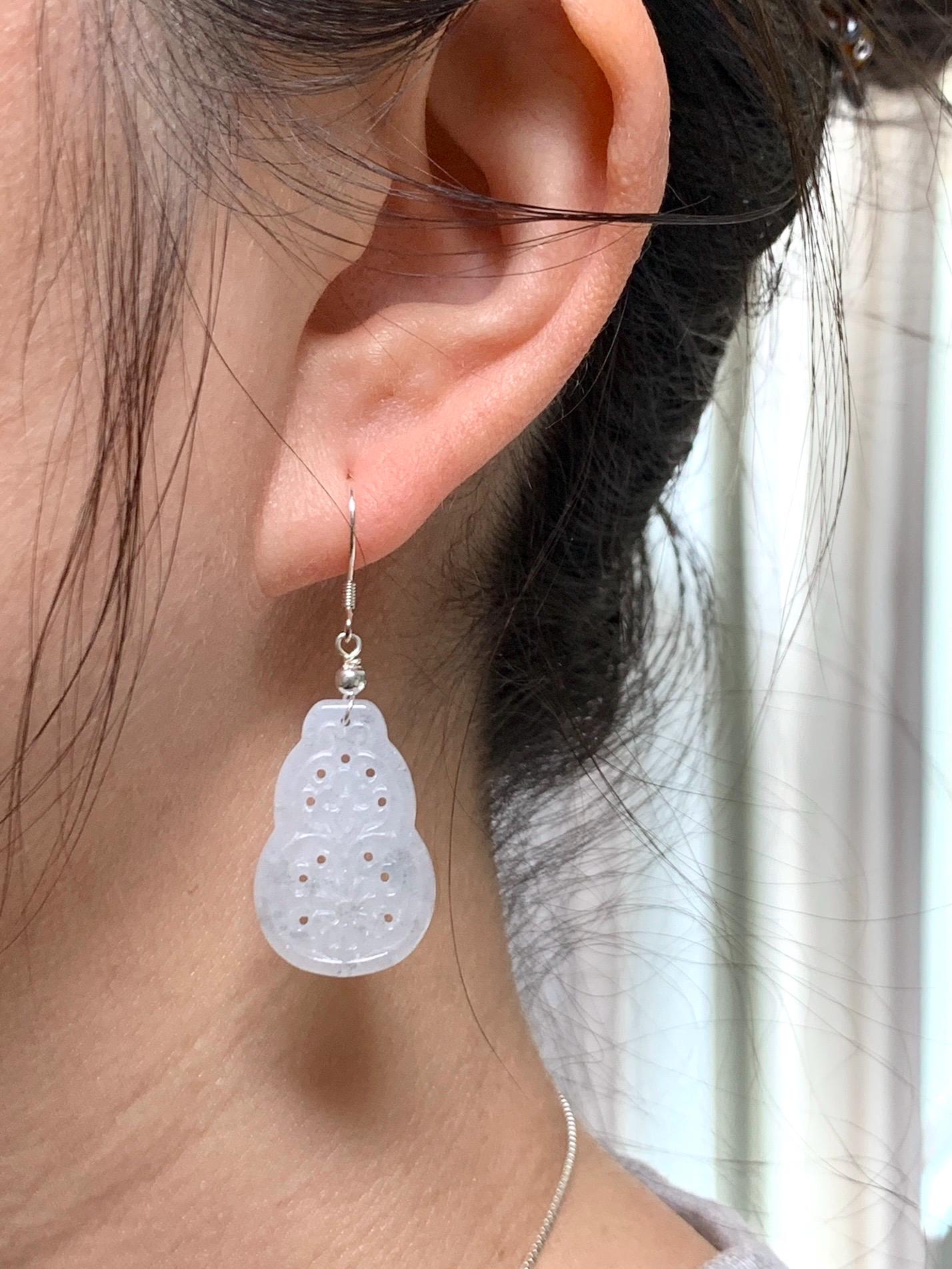 Natural Grade A Icy Translucent White Wuji Hulu Gourd Jadeite Openwork Engraved Dangle Earrings Sterling Silver 天然白冰胶乌鸡翡翠仿古镂空雕葫芦银耳钩 C