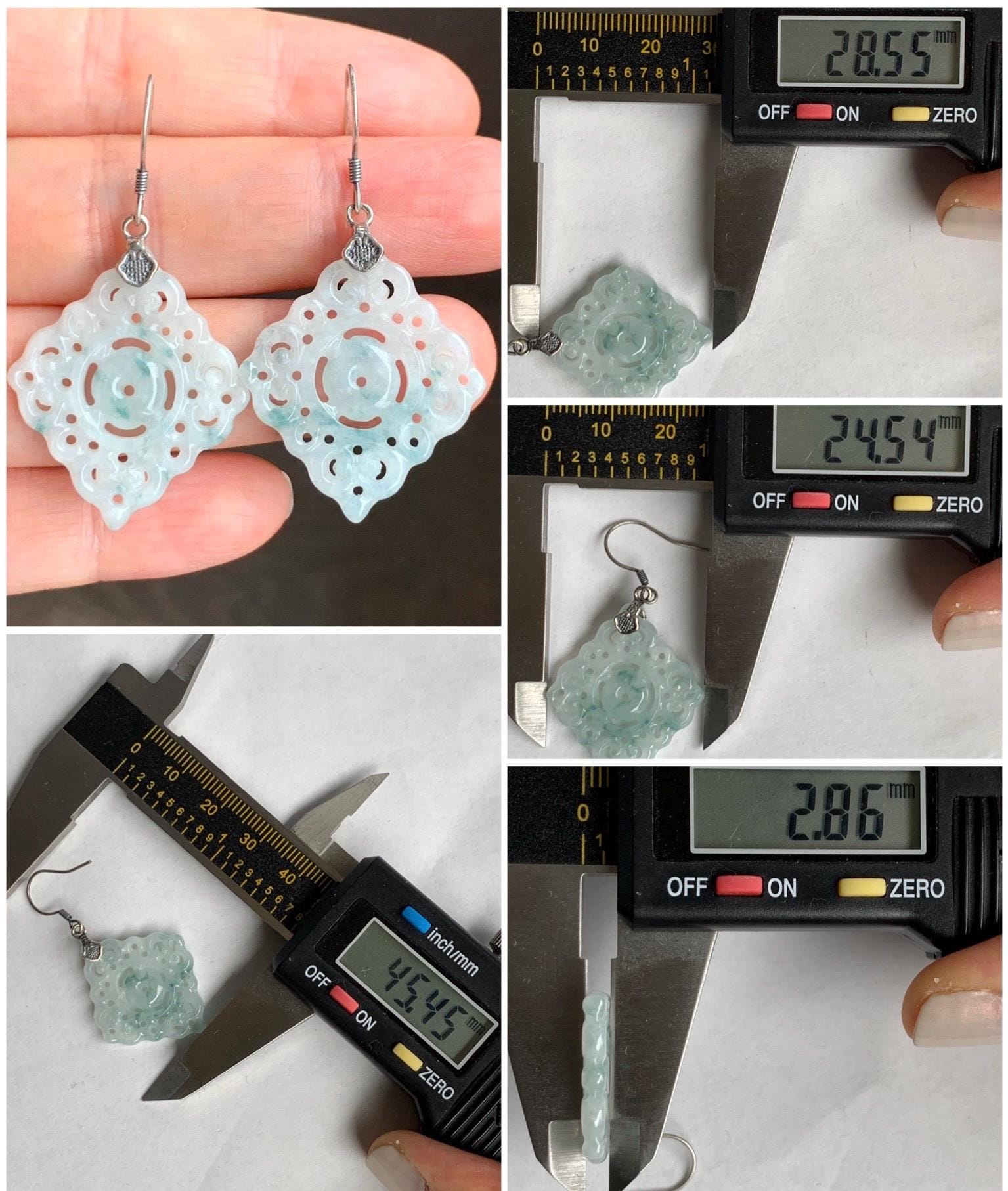 Natural Grade A Icy Translucent White Teal Green Marbled Jadeite Openwork Engraved Dangle Earrings Sterling Silver 天然白冰胶飘花翡翠仿古镂空雕银耳钩 D