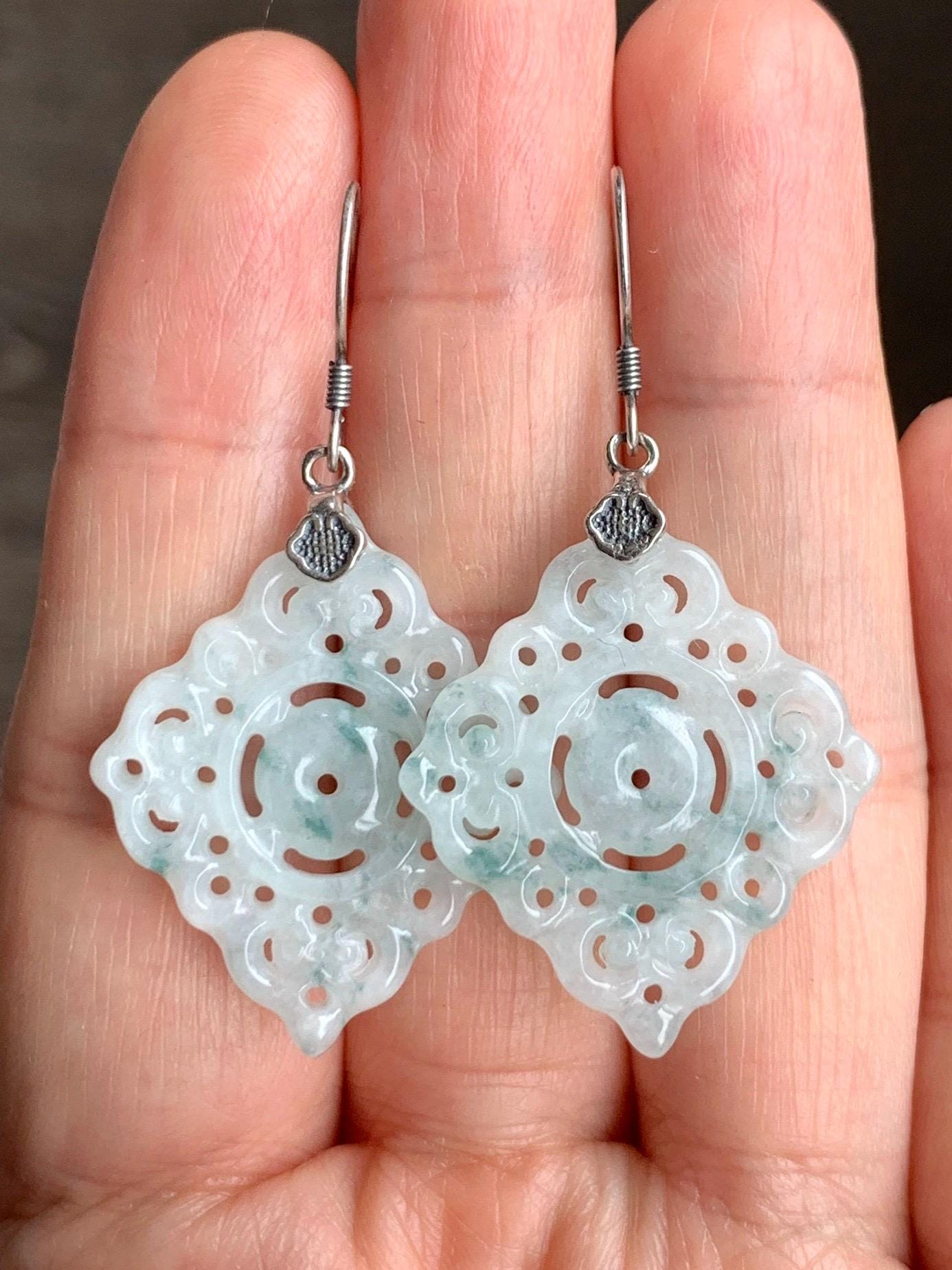 Natural Grade A Icy Translucent White Teal Green Marbled Jadeite Openwork Engraved Dangle Earrings Sterling Silver