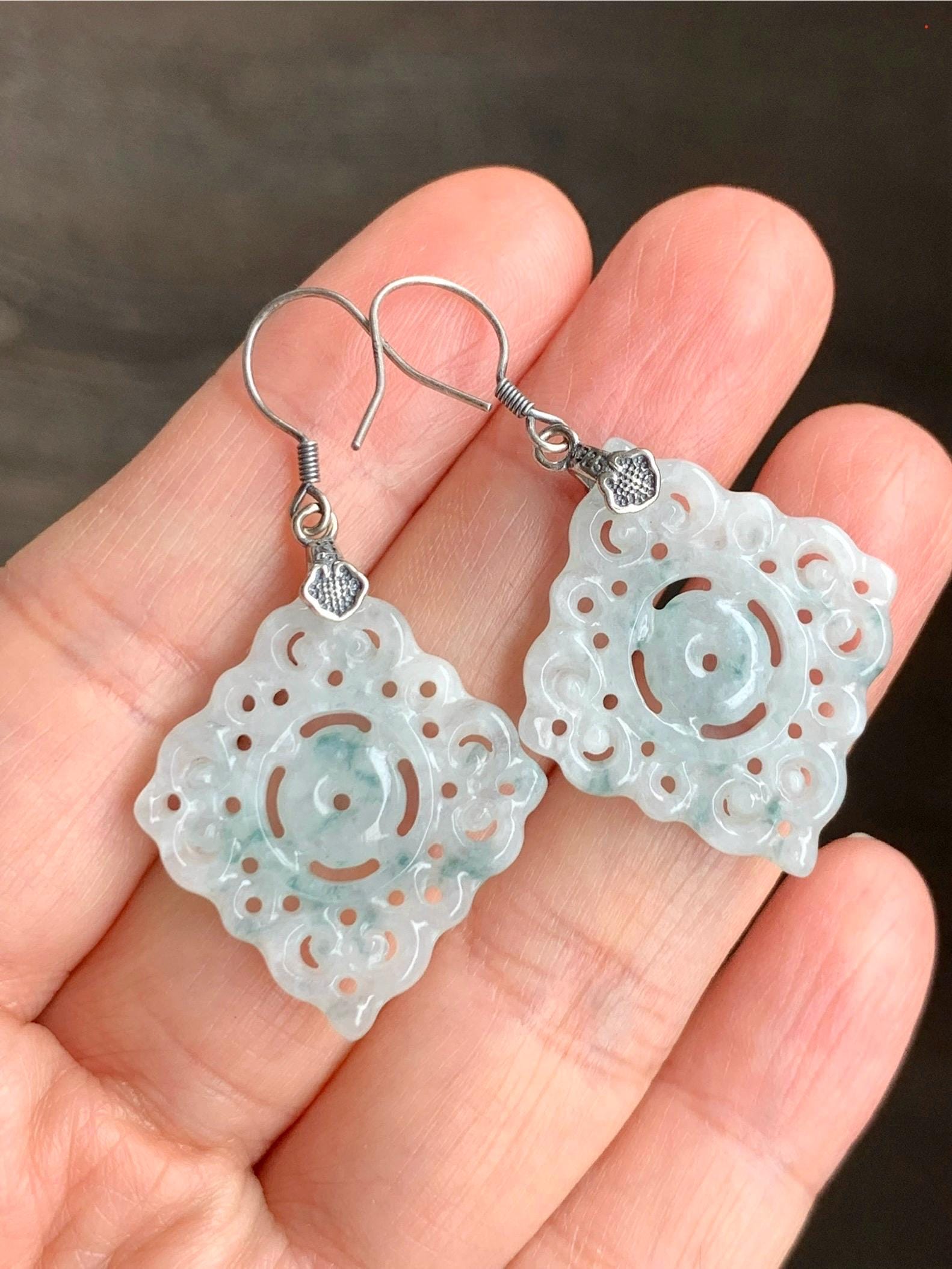 Natural Grade A Icy Translucent White Teal Green Marbled Jadeite Openwork Engraved Dangle Earrings Sterling Silver