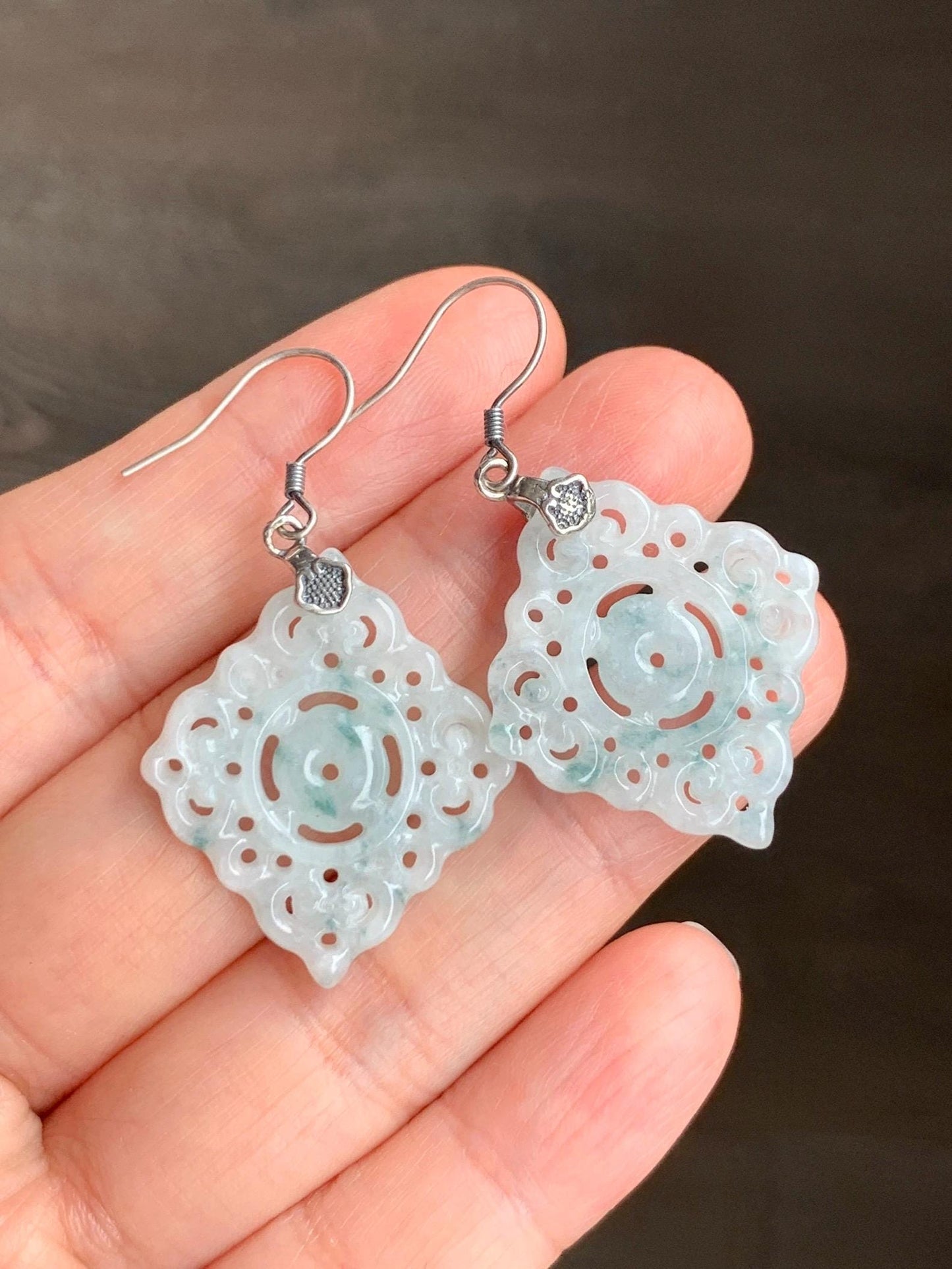 Natural Grade A Icy Translucent White Teal Green Marbled Jadeite Openwork Engraved Dangle Earrings Sterling Silver