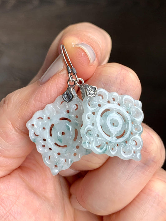 Natural Grade A Icy Translucent White Teal Green Marbled Jadeite Openwork Engraved Dangle Earrings Sterling Silver 天然白冰胶飘花翡翠仿古镂空雕银耳钩