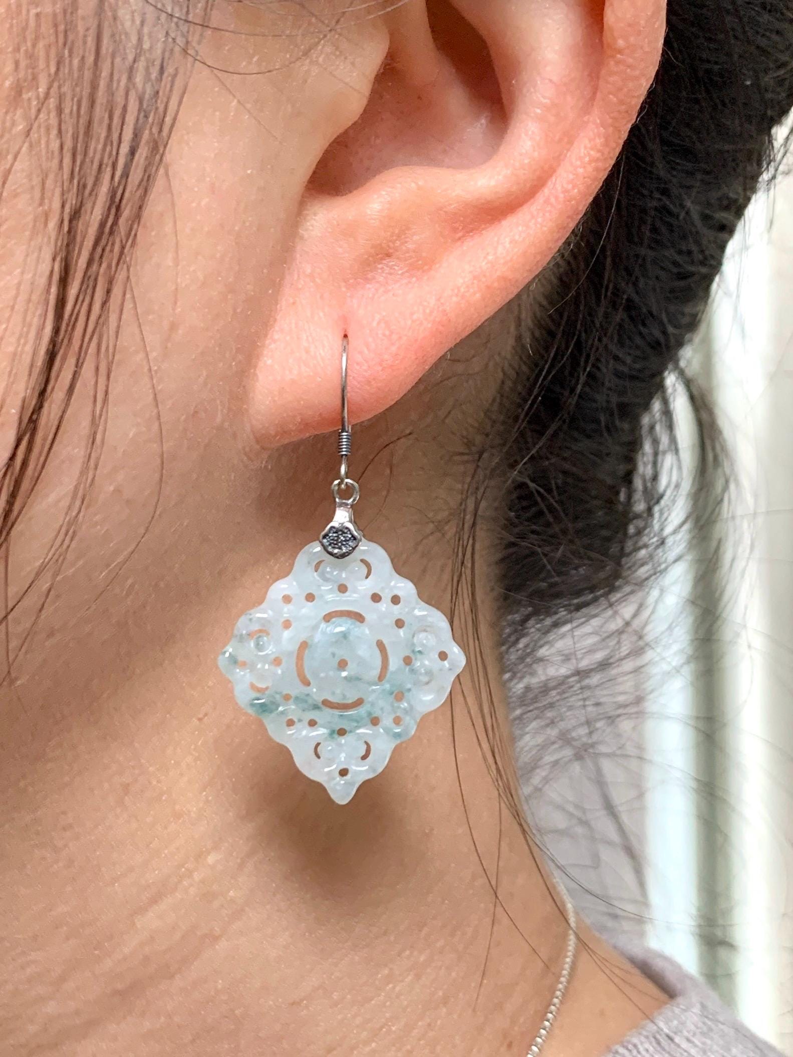 Natural Grade A Icy Translucent White Teal Green Marbled Jadeite Openwork Engraved Dangle Earrings Sterling Silver