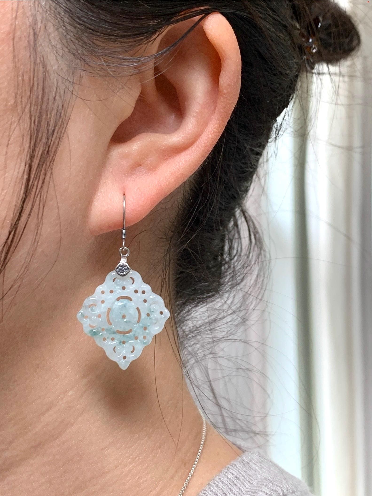 Natural Grade A Icy Translucent White Teal Green Marbled Jadeite Openwork Engraved Dangle Earrings Sterling Silver
