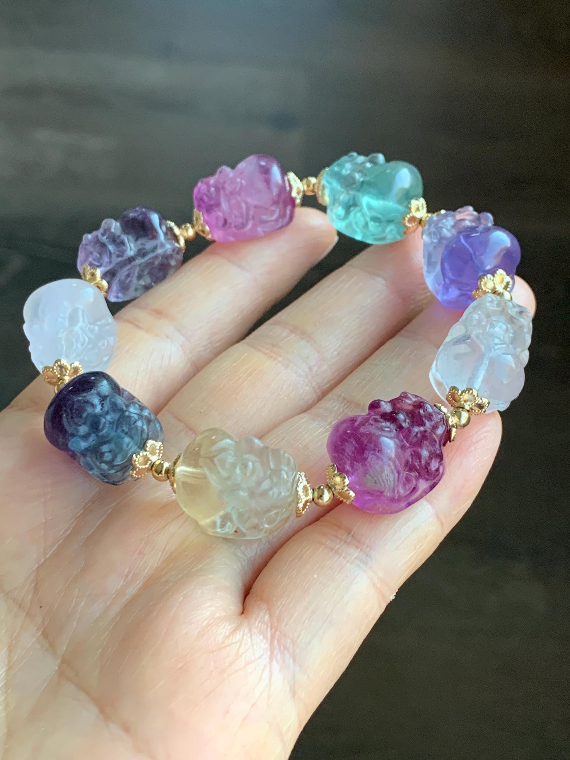 Certified Natural Premium Icy Rainbow Multicolored Fluorite Carved Pixiu Beaded Bracelet 7.75” 44.83g 天然高品质多宝萤石貔貅珠手串 6357