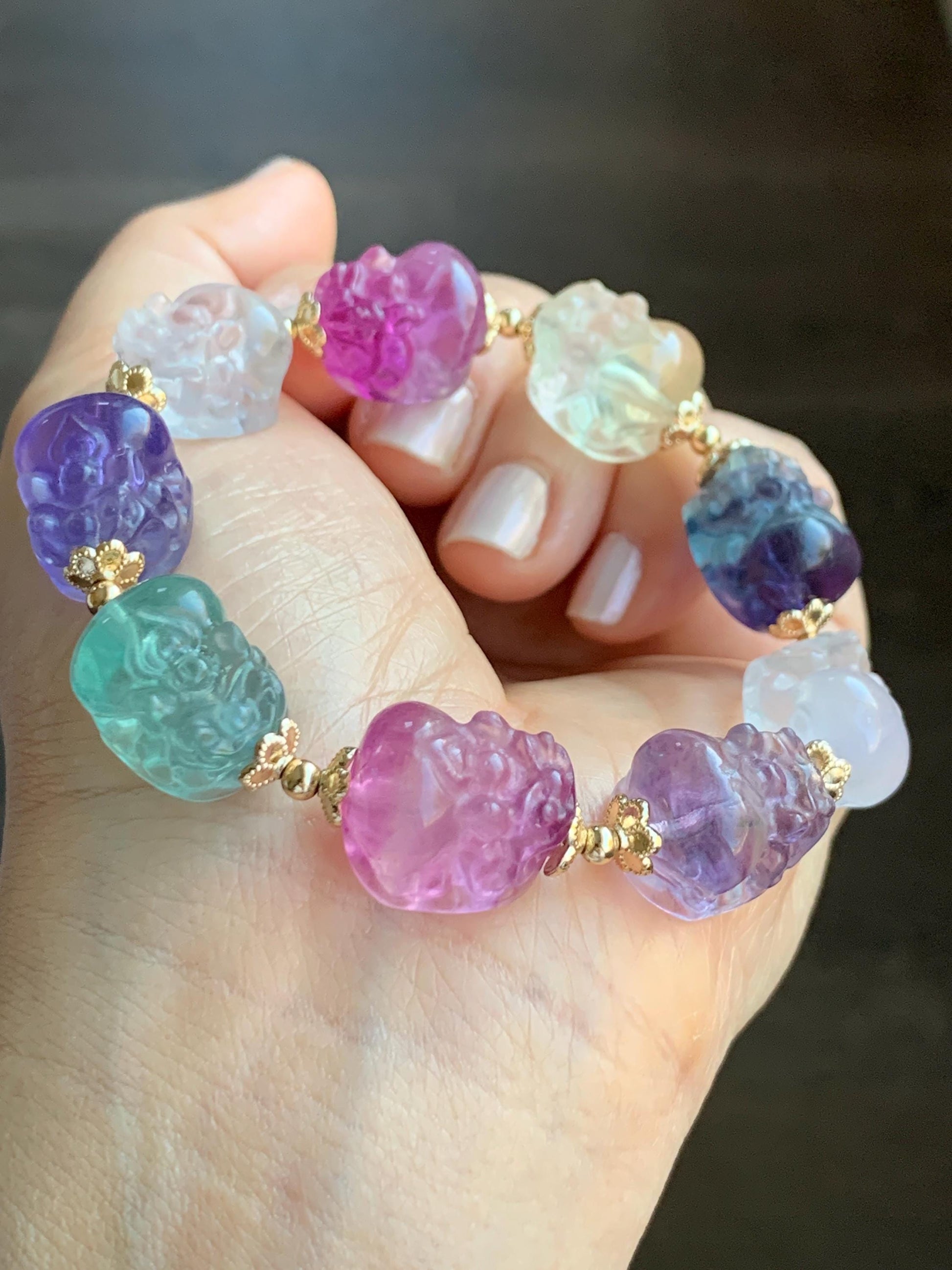 Certified Natural Premium Icy Rainbow Multicolored Fluorite Carved Pixiu Beaded Bracelet 7.75” 44.83g 天然高品质多宝萤石貔貅珠手串