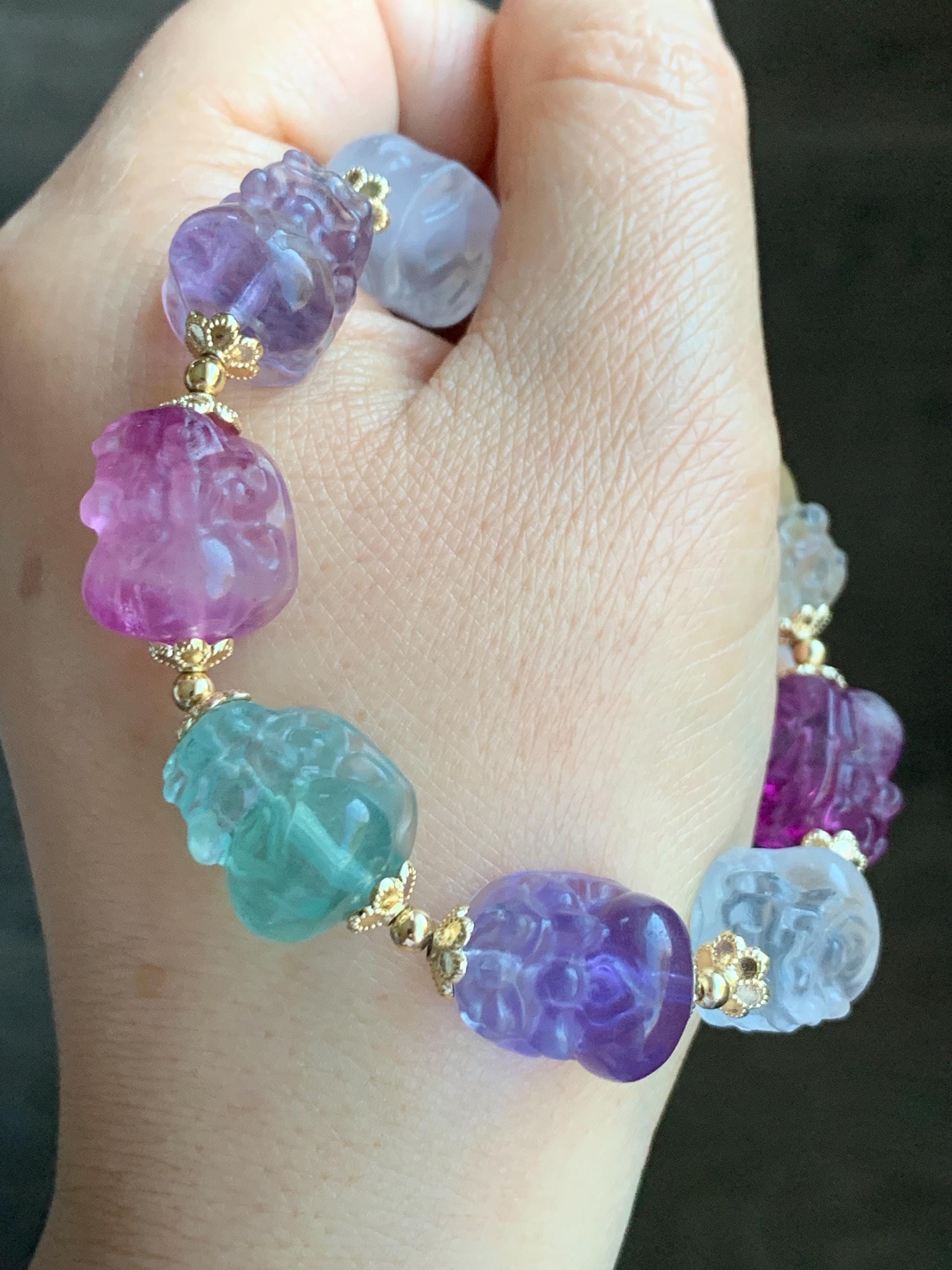 Certified Natural Premium Icy Rainbow Multicolored Fluorite Carved Pixiu Beaded Bracelet 7.75” 44.83g 天然高品质多宝萤石貔貅珠手串 6357