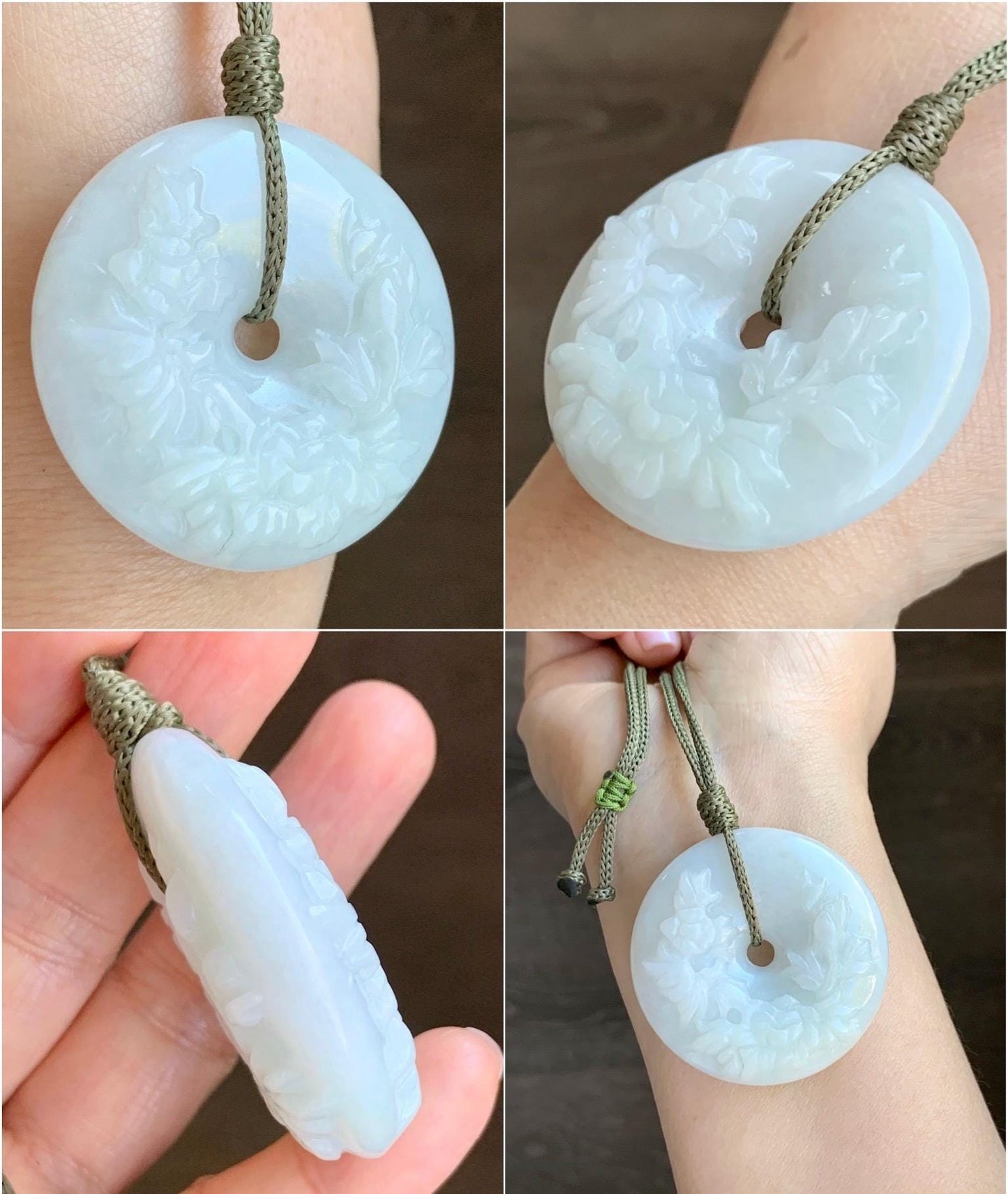 Natural Grade A Icy Translucent Pale Green Jadeite Carved Ping An Kou Donut Pendant Rope Necklace Adjustable 24" 44g 天然糯冰翡翠花开富贵双面雕平安扣吊坠