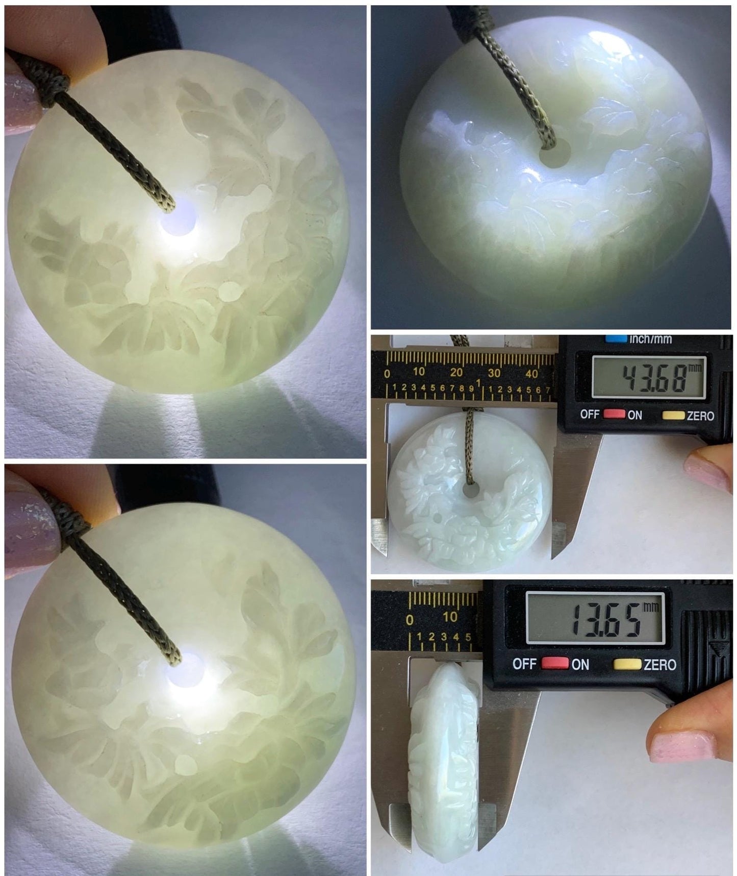 Natural Grade A Icy Translucent Pale Green Jadeite Carved Ping An Kou Donut Pendant Rope Necklace Adjustable 24" 44g 天然糯冰翡翠花开富贵双面雕平安扣吊坠