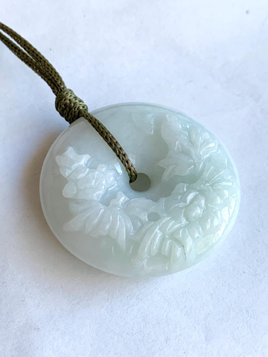 Natural Grade A Icy Translucent Pale Green Jadeite Carved Ping An Kou Donut Pendant Rope Necklace Adjustable 24" 44g 天然糯冰翡翠花开富贵双面雕平安扣吊坠