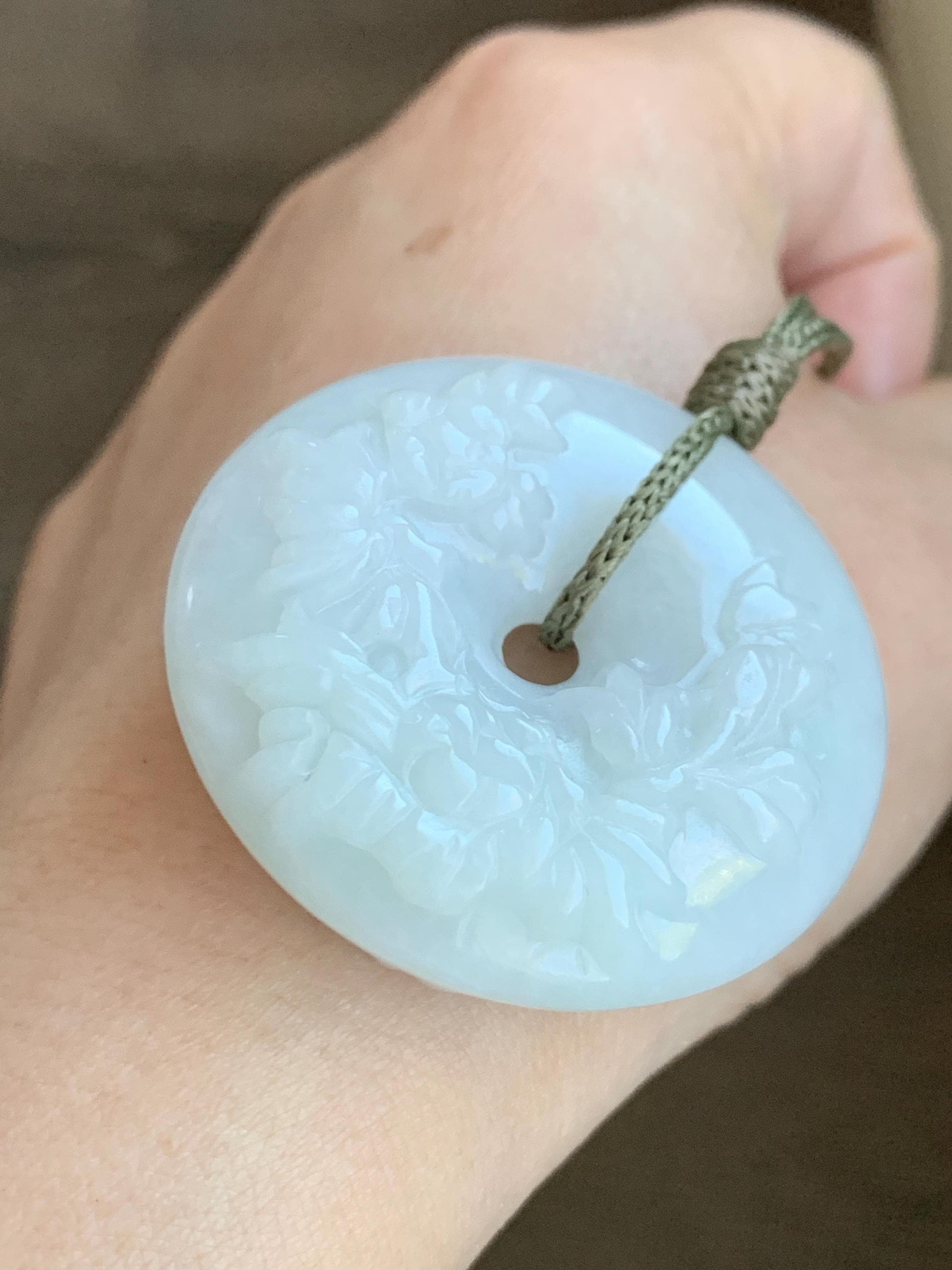 Natural Grade A Icy Translucent Pale Green Jadeite Carved Ping An Kou Donut Pendant Rope Necklace Adjustable 24" 44g 天然糯冰翡翠花开富贵双面雕平安扣吊坠