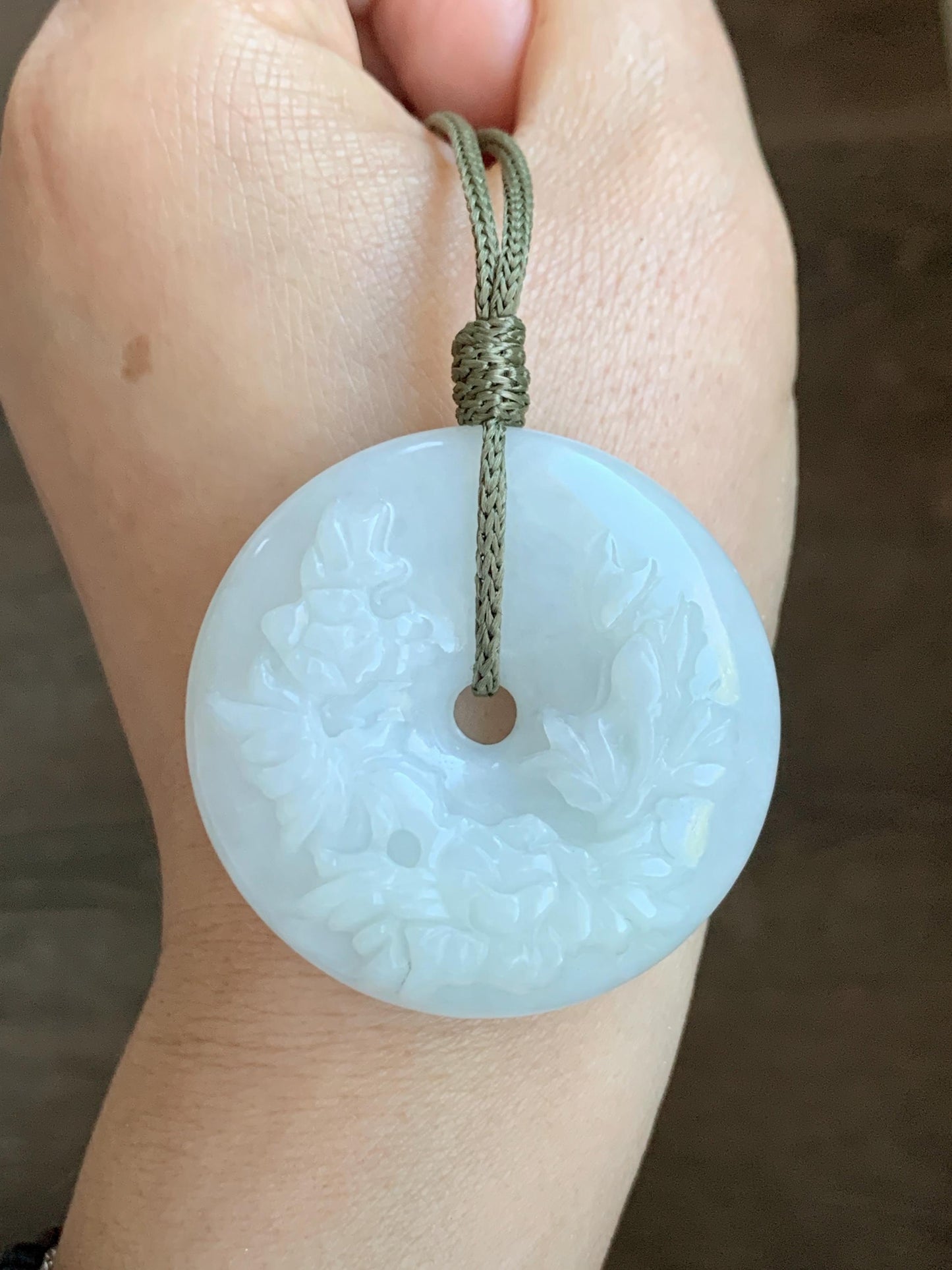Natural Grade A Icy Translucent Pale Green Jadeite Carved Ping An Kou Donut Pendant Rope Necklace Adjustable 24" 44g 天然糯冰翡翠花开富贵双面雕平安扣吊坠
