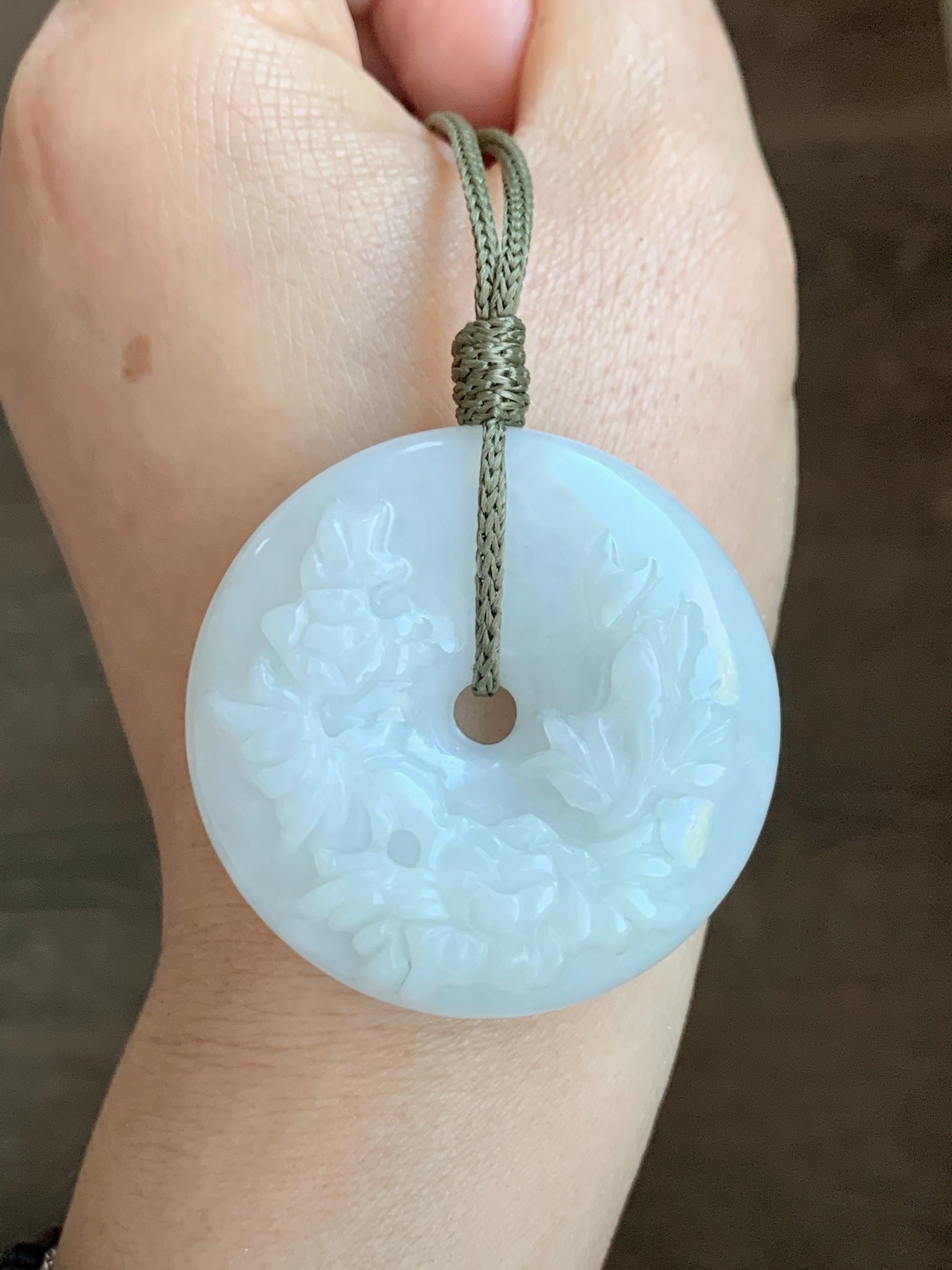 Natural Grade A Icy Translucent Pale Green Jadeite Carved Ping An Kou Donut Pendant Rope Necklace Adjustable 24" 44g 天然糯冰翡翠花开富贵双面雕平安扣吊坠
