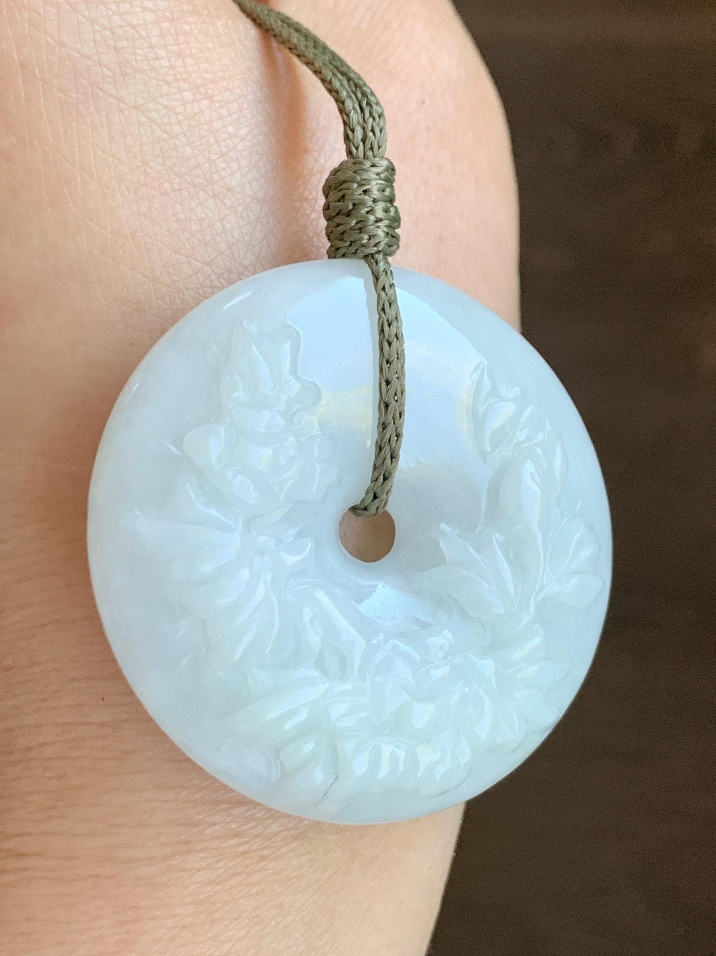 Natural Grade A Icy Translucent Pale Green Jadeite Carved Ping An Kou Donut Pendant Rope Necklace Adjustable 24" 44g 天然糯冰翡翠花开富贵双面雕平安扣吊坠