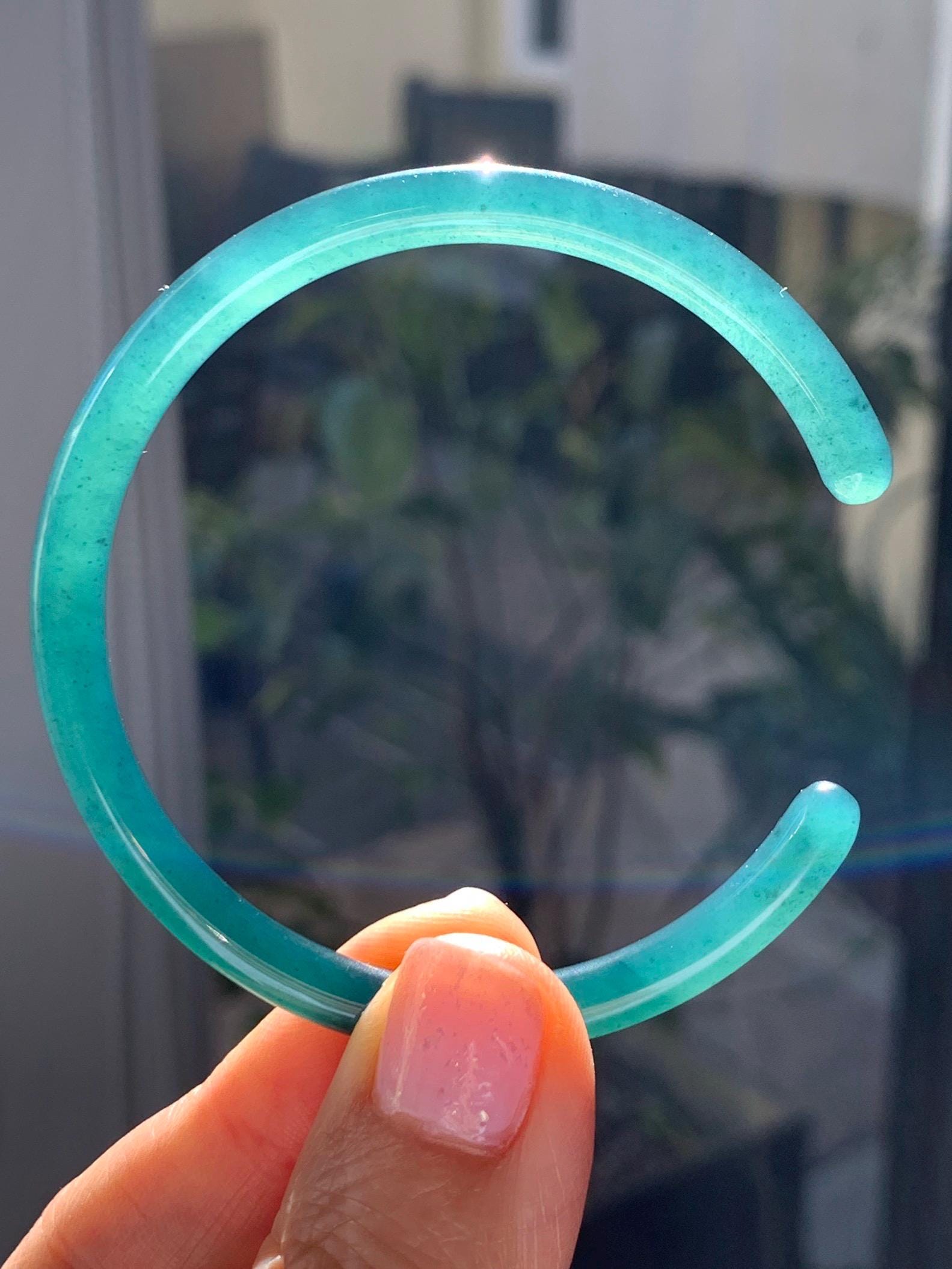 Natural Grade A Guatemalan Icy Translucent Gelatinous Dark Teal Green Jadeite Open Bangle Bracelet 54.1mm 6.65" 12g 天然老种冰胶危篮绿翡翠开口镯