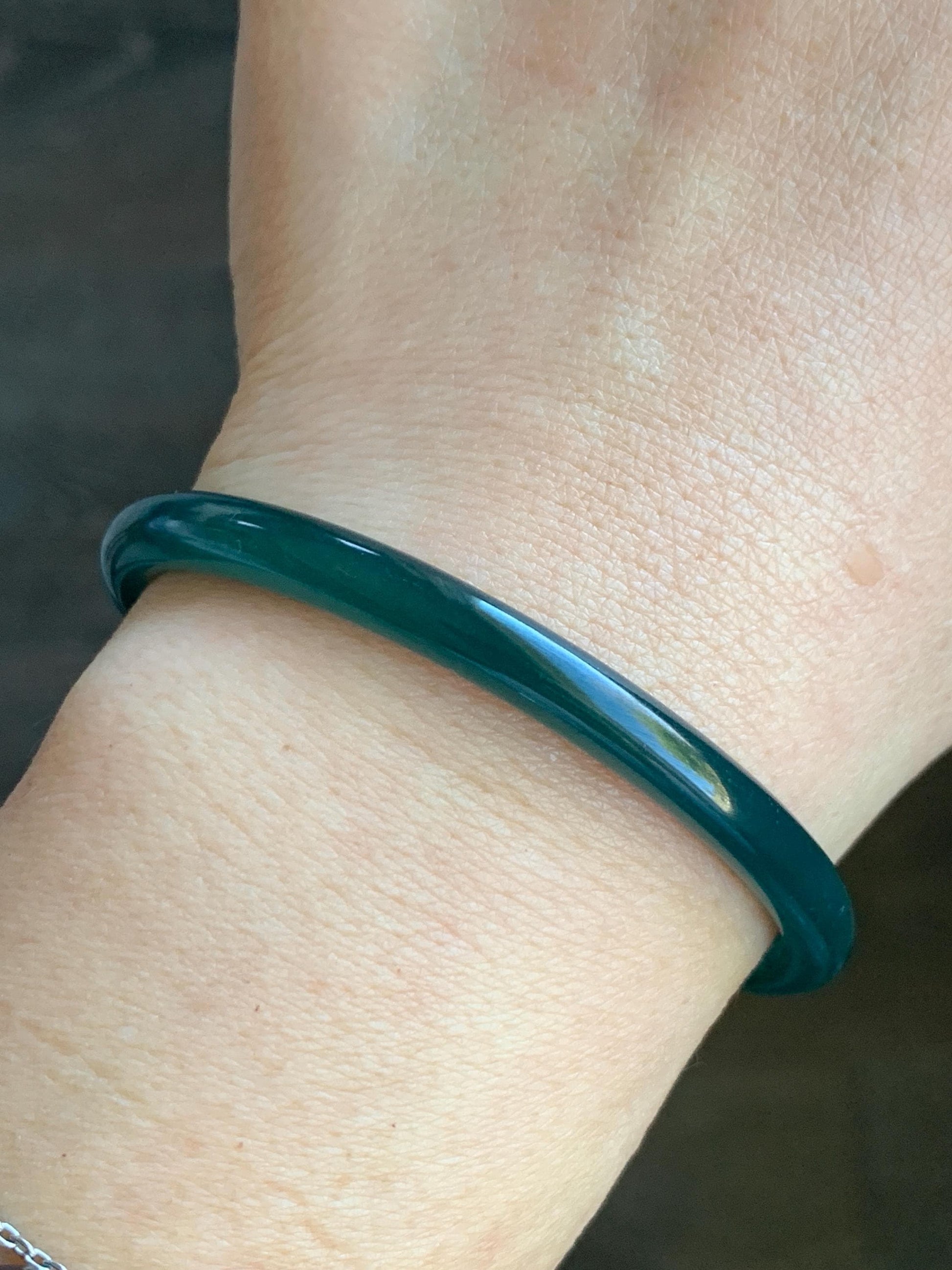 Natural Grade A Guatemalan Icy Translucent Gelatinous Dark Teal Green Jadeite Open Bangle Bracelet 54.1mm 6.65" 12g 天然老种冰胶危篮绿翡翠开口镯
