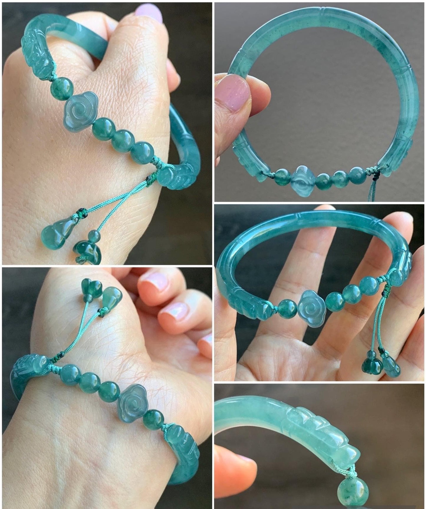 Certified Natural Guatemalan Icy Translucent Dark Teal Green Jadeite Open Bangle Bracelet w/ Gourd Charm 59.34mm 25g 天然老种冰胶危篮绿翡翠开口镯葫芦挂坠 3005
